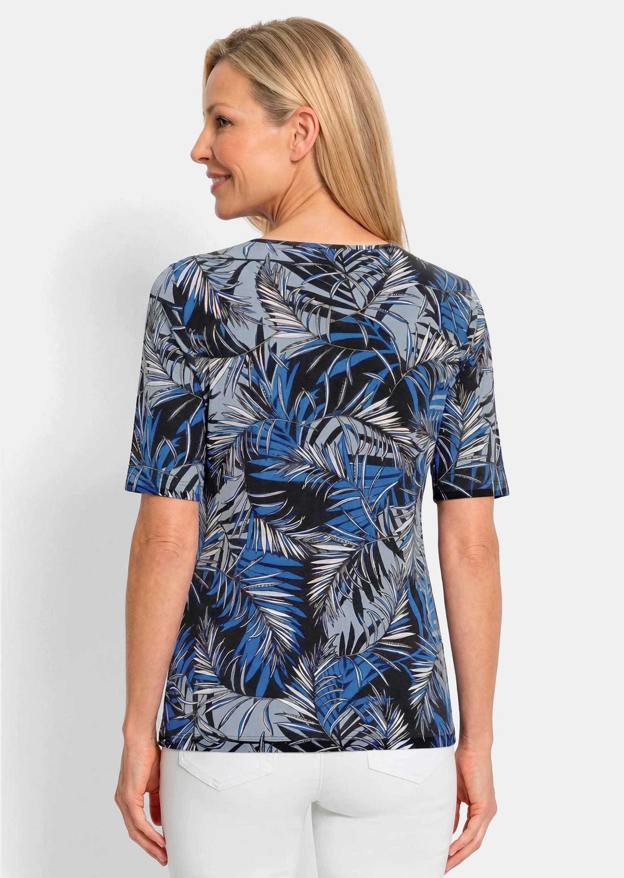 GOLDNER Kurzarmshirt »Kurzgröße Viskoseshirt mit Palmenprint« stretchbequemer Viskosejersey