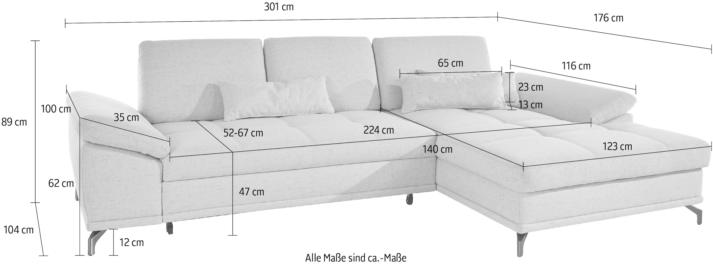 PLACES OF STYLE Ecksofa »Costello L-Form, B: 301 cm mit Sitztiefen-, Armteilverstellung &« 3 Nierenkissen, optional Bettfunktion & Bettkasten