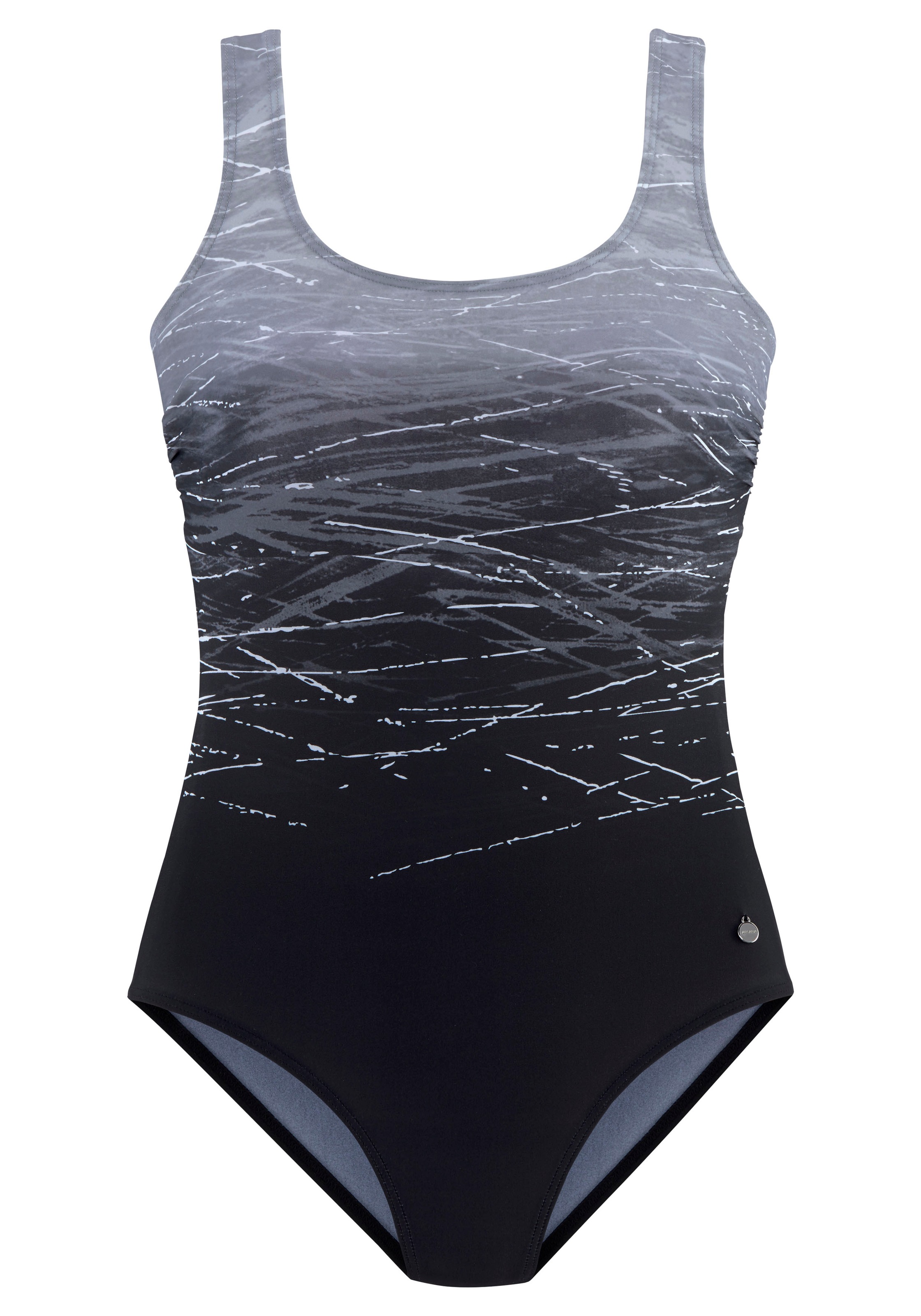 LASCANA, Damen, Badeanzug mit Batikprint und Shaping-Effekt, schwarz-grau, Cup D, 46 - Cup D, schwarz-grau, In trendiger Batik-Optik