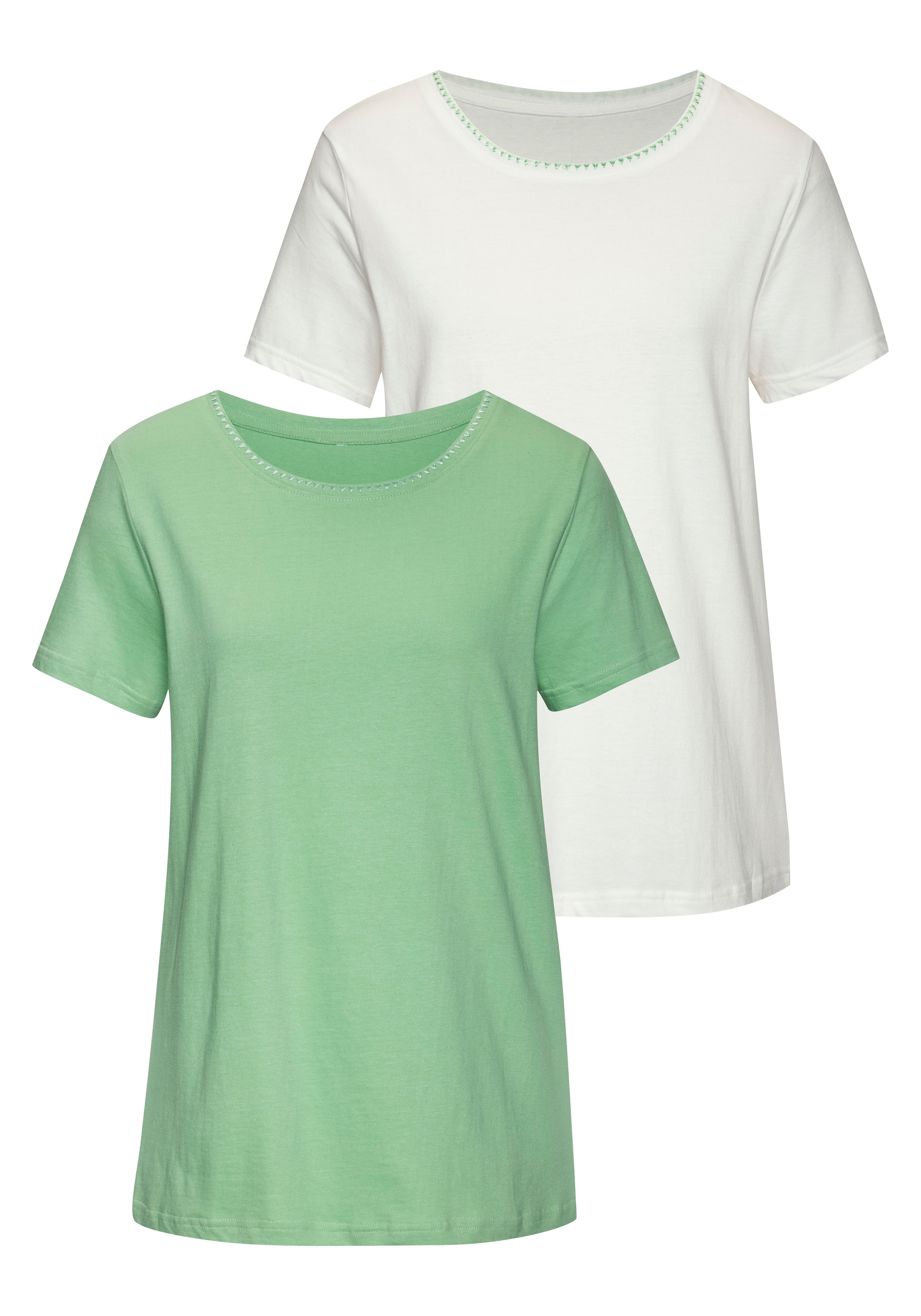Vivance T-Shirt »mit modischer Kontraststickerei«, (Packung, 2er-Pack), aus weicher Baumwoll-Qualität