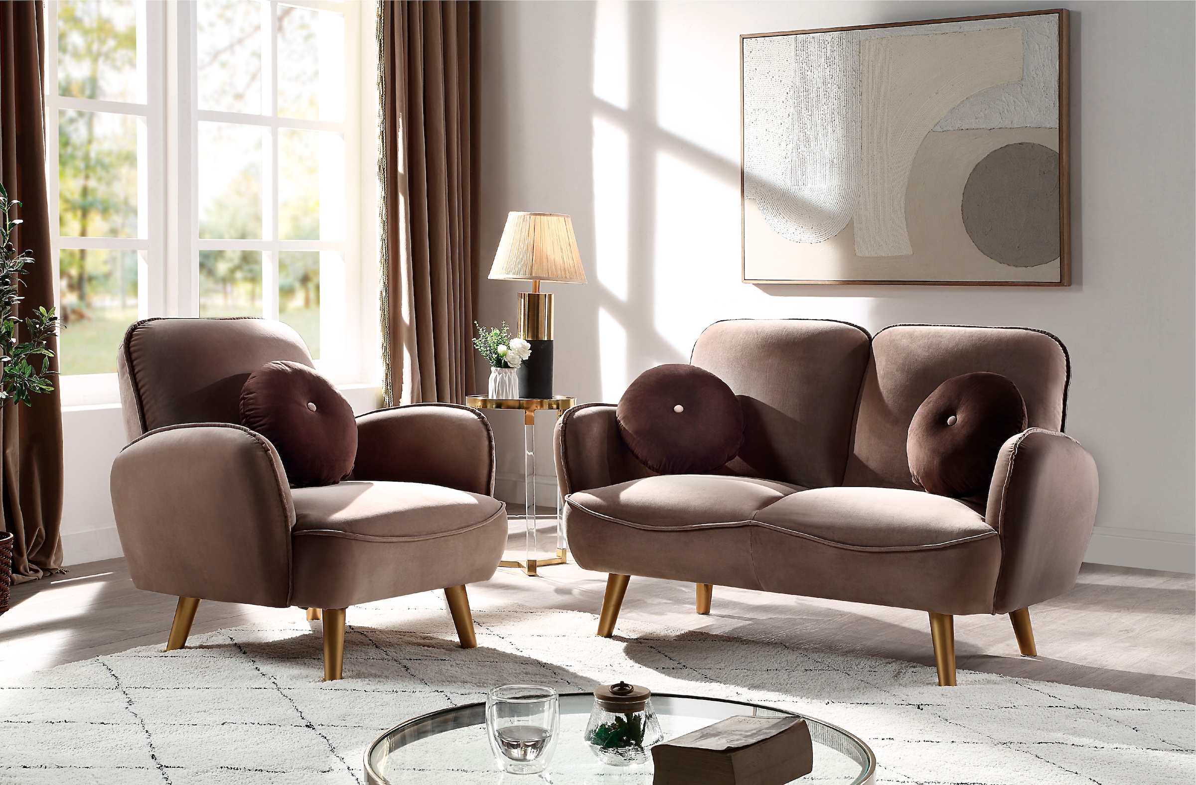 ATLANTIC home collection Sessel bestellen und Welleunterfederung, bequem mit inkl. goldene Dekokissen »Ben«, Massivholzfüße