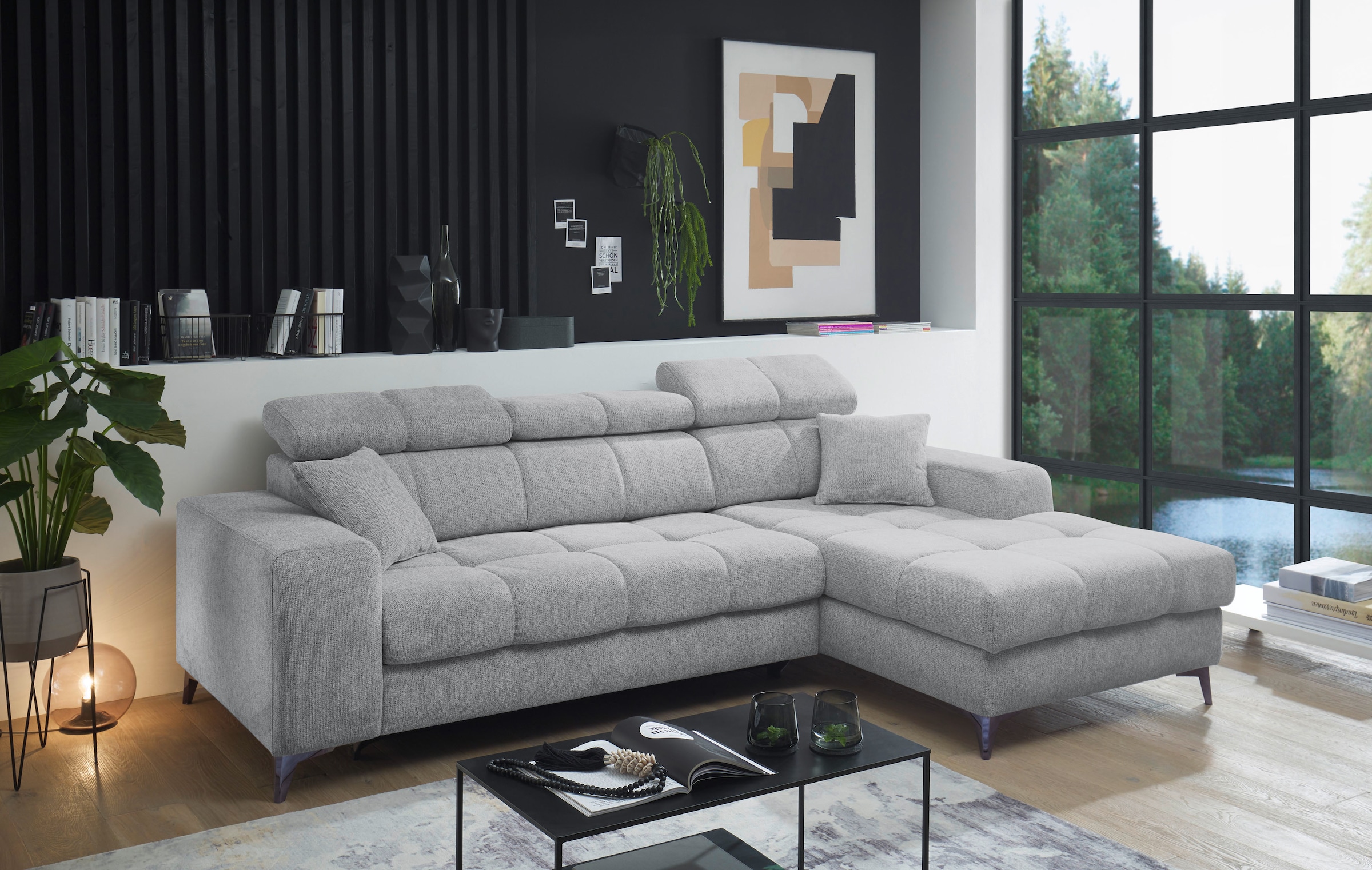 ED EXCITING DESIGN Ecksofa »Sydney L-Form mit Bettfunktion, Bettkasten, Kopfteilverstellung« motorischer Sitztiefenverstellung, USB-Port & 2 Zierkissen