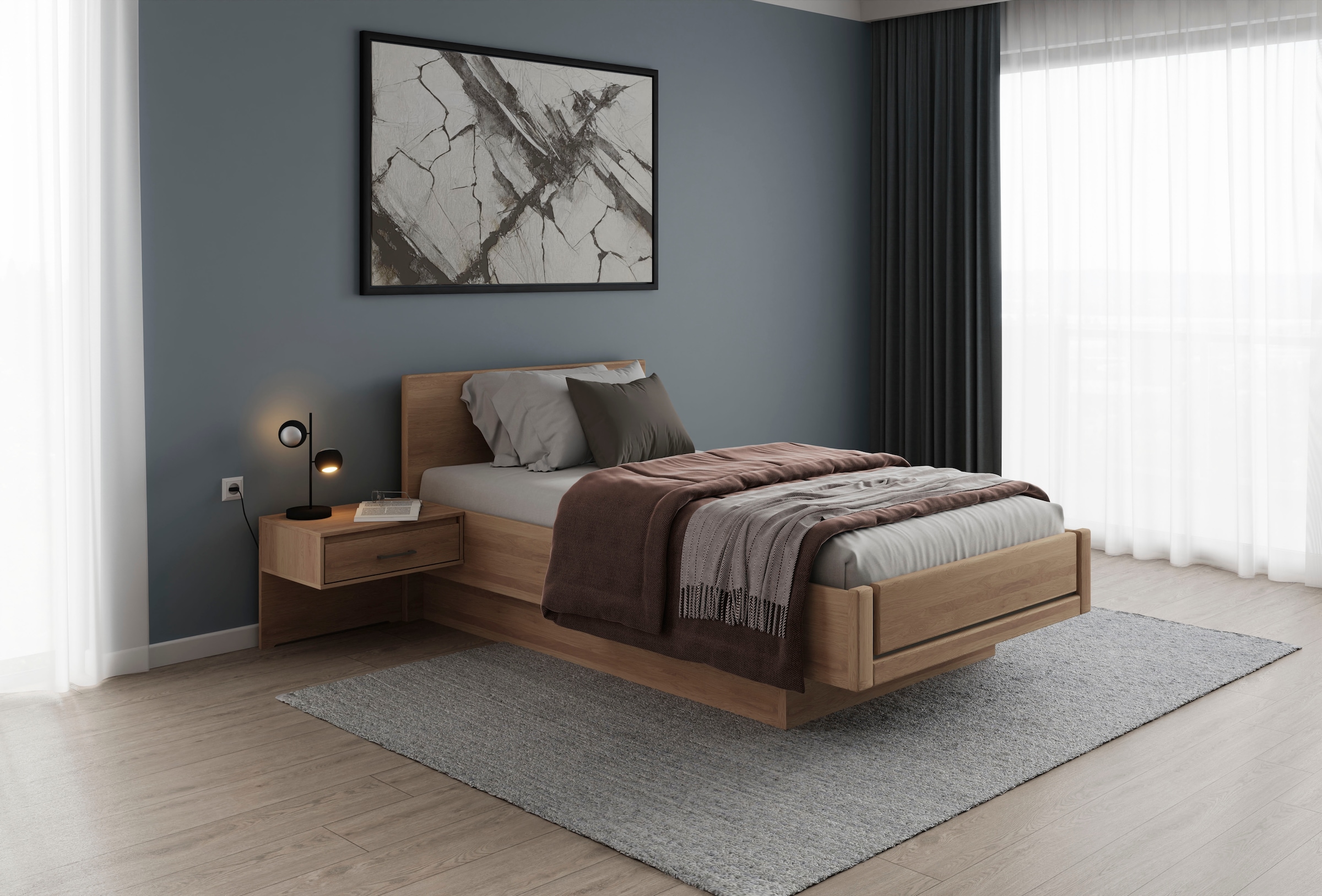 Musterring Holzbett »Sorrent, Bettgestell, Bettrahmen, teilmassiv Eiche«, (MADE IN GERMANY), Eiche teilmassiv, Liegehöhenverstellung, in schwebender Optik