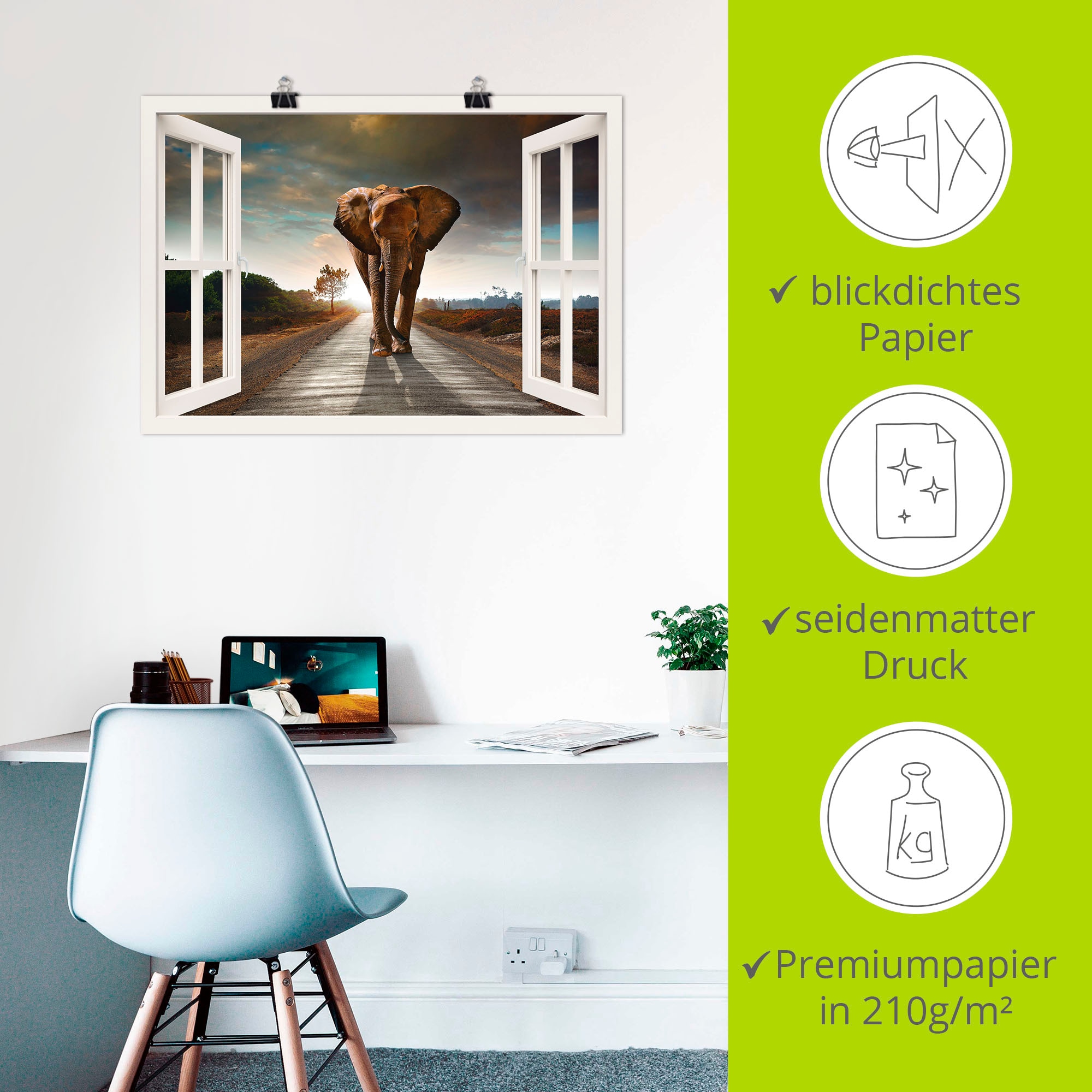 Artland Wandbild »Elefant auf Straße«, Fensterblick, (1 St.), als Leinwandbild, Poster in verschied. Größen