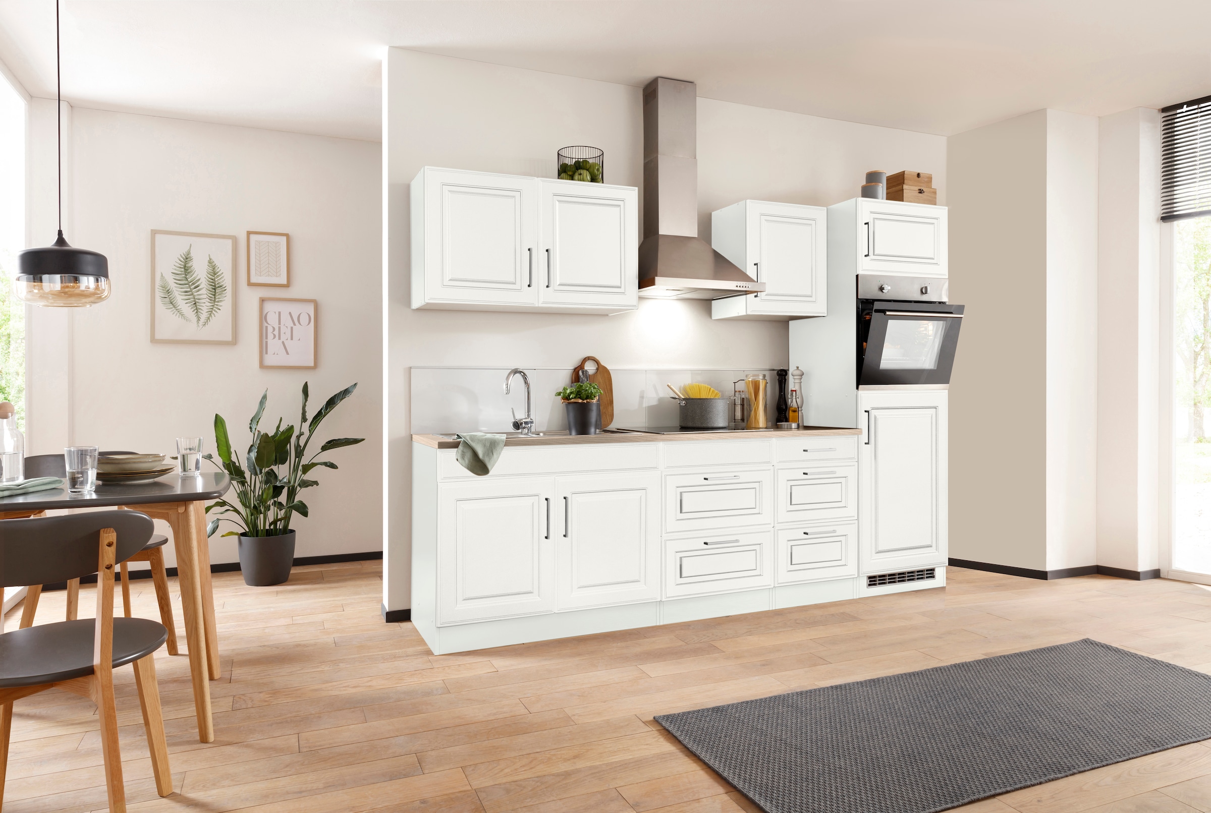 KOCHSTATION Küchenzeile »KS-Stockholm – Küche mit hochwertiger und detailreicher Landhausfront« Breite 280 cm, wahlweise mit E-Geräten,mit MDF-Fronten