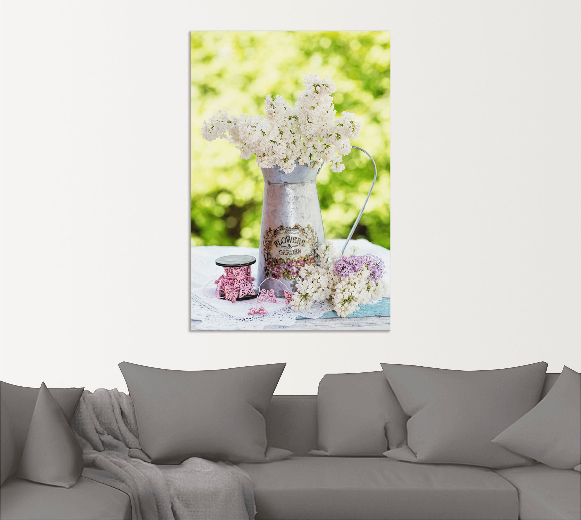 Artland Wandbild »Flieder und Shabby Chic Stillleben«, Blumen, (1 St.), als Alubild, Outdoorbild, Leinwandbild, Poster, Wandaufkleber