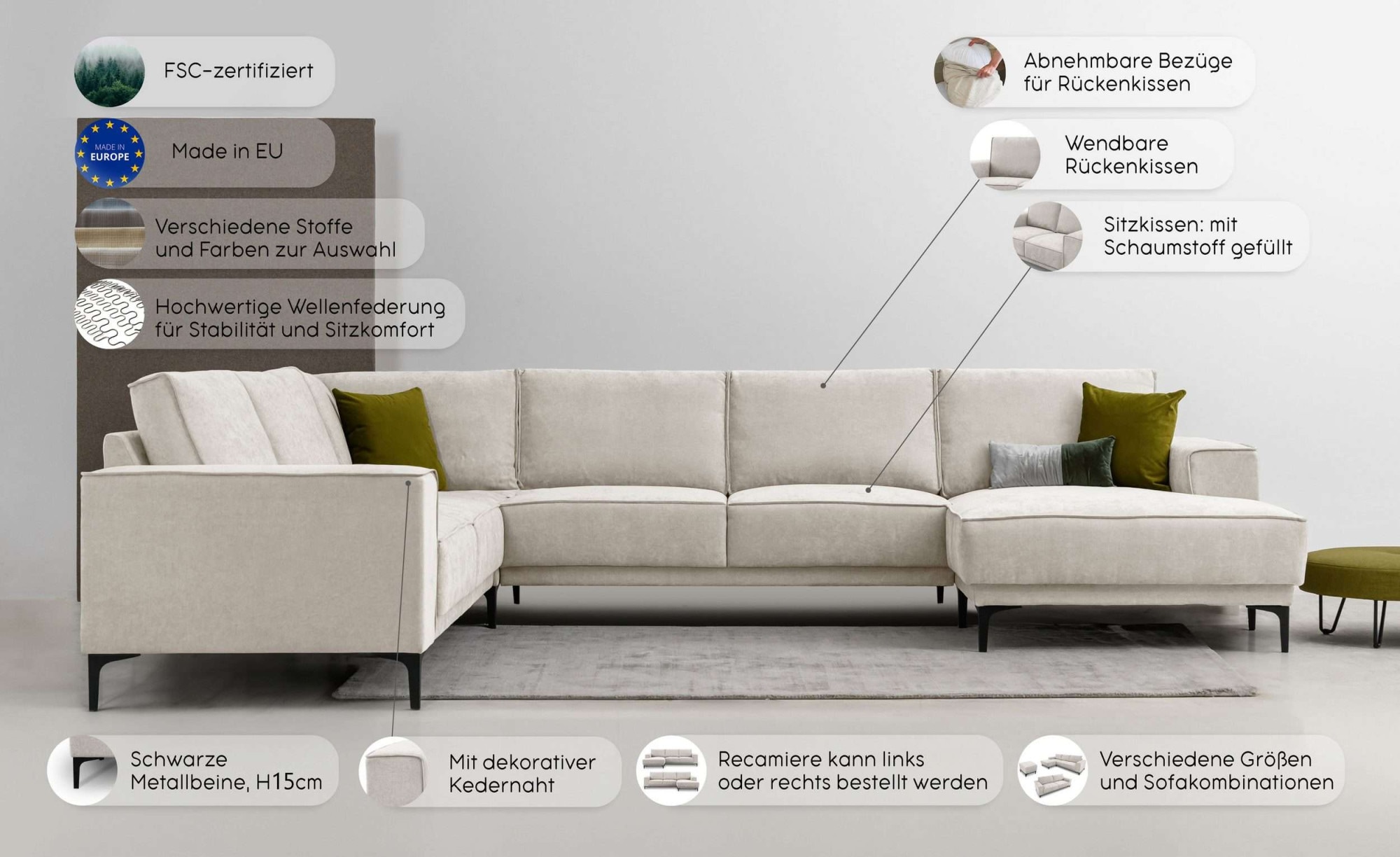 Places of Style Wohnlandschaft »Oland«, U-Form, im zeitlosem Design und hochwertiger Verabeitung