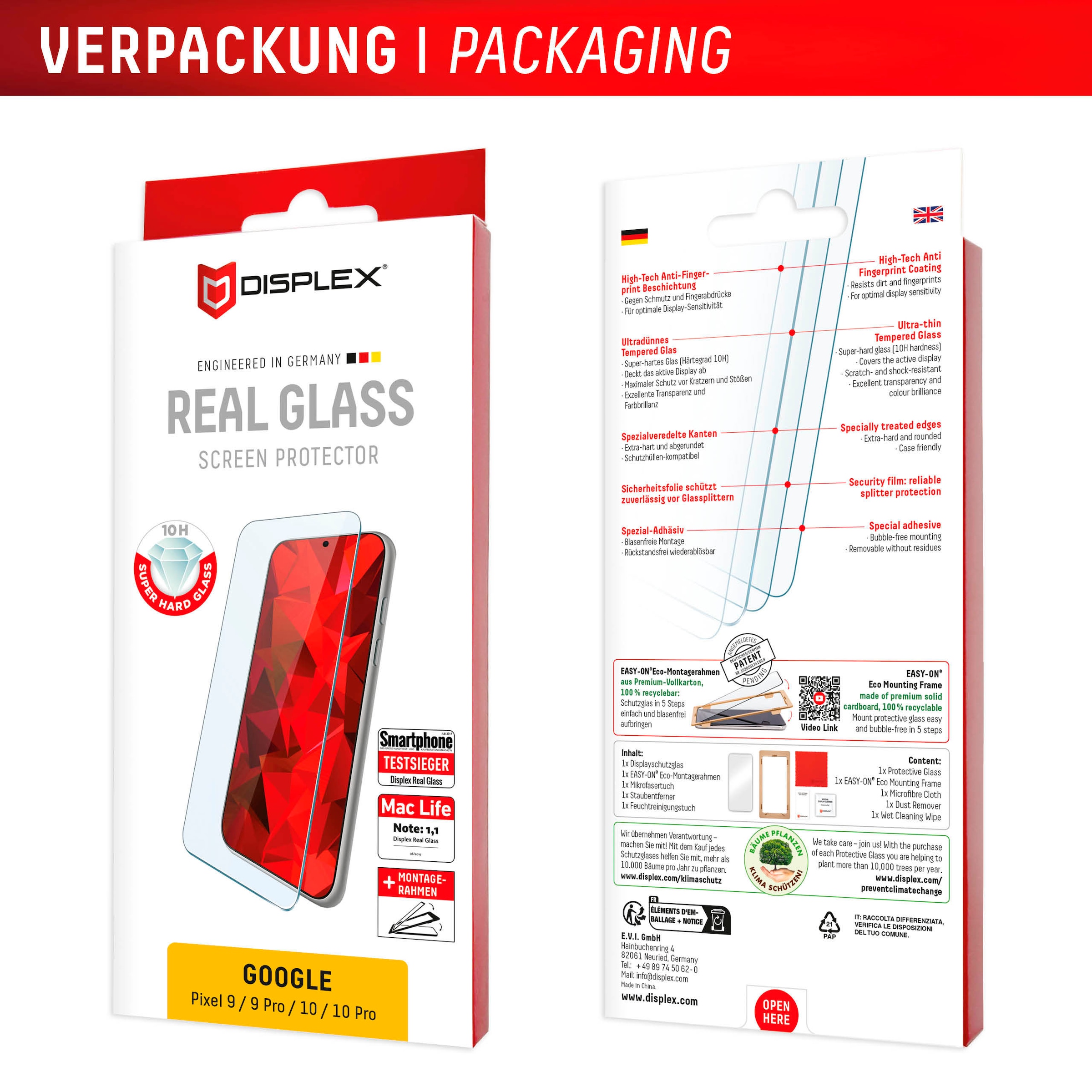 Displex Displayschutzglas »Real Glass Screen Protection«, für Google Pixel 9-Google Pixel 9 Pro-Google Pixel 10-Google Pixel 10 Pro, Displayschutzfolie, Schutzfolie, Bildschirmschutz, kratz- & stoßfest