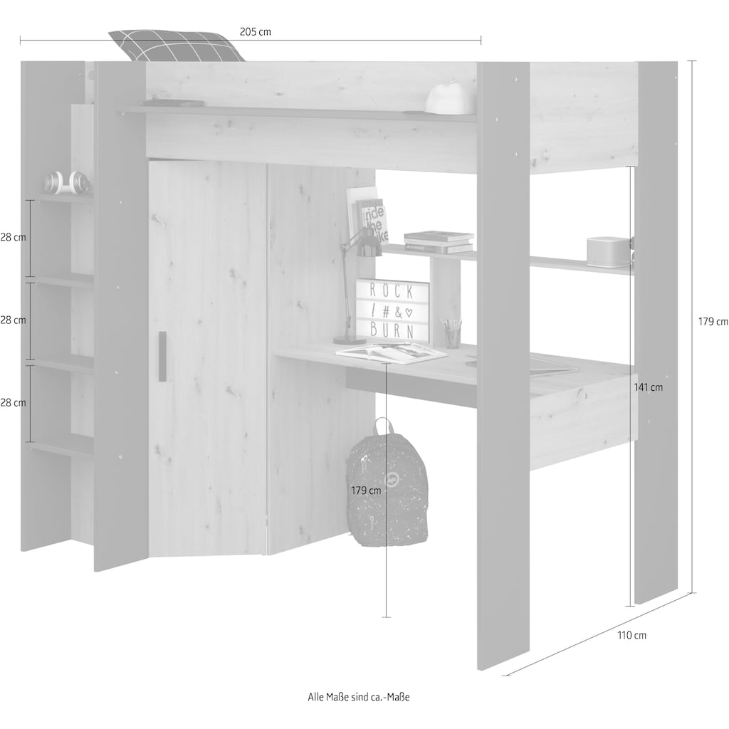 Parisot Hochbett »Heavy«, mit integrierten Kleiderschrank, Schreibtisch und Leiter, viele Ablageflächen