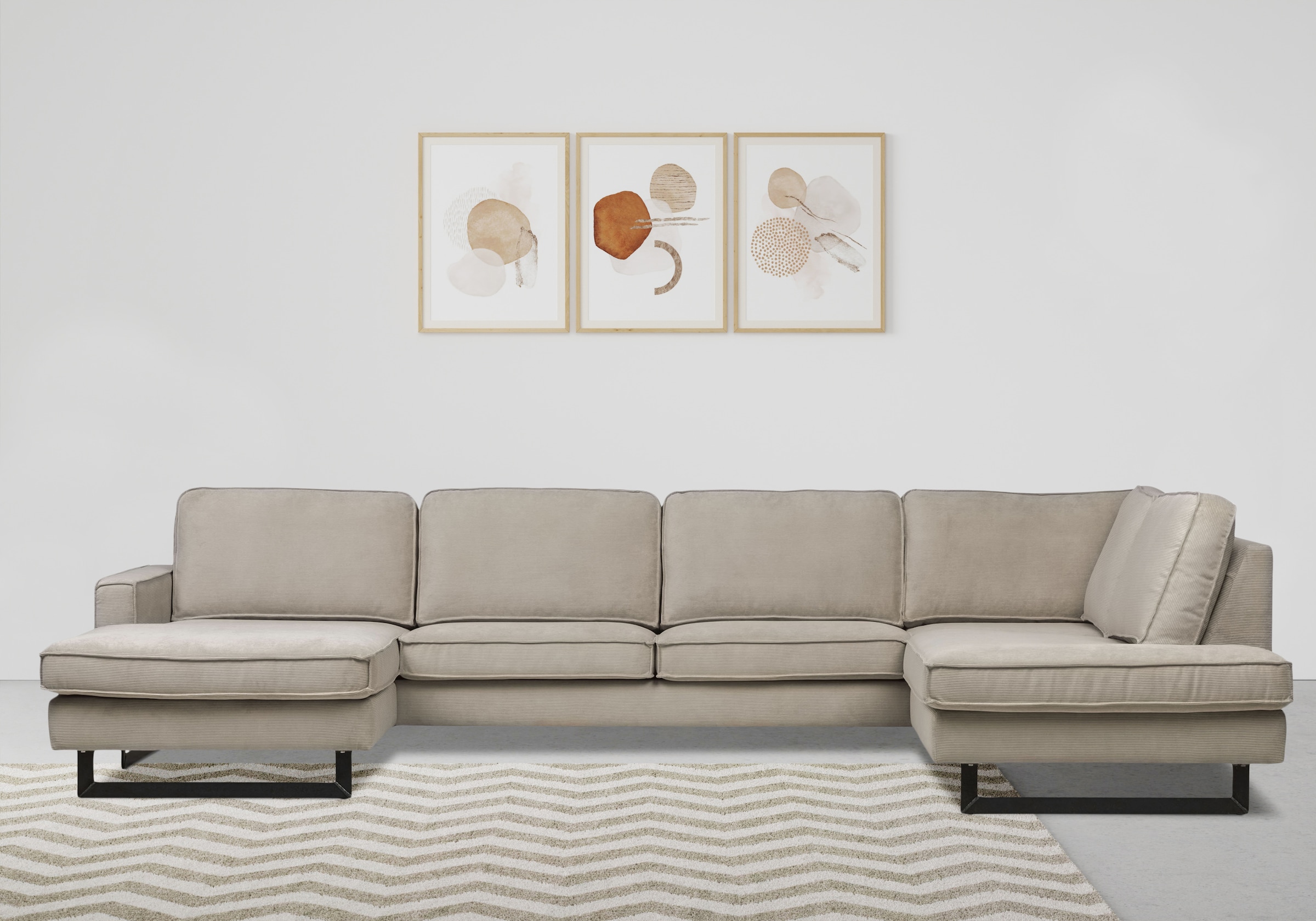Home affaire Wohnlandschaft »Pinto, 350 cm, U-Form, XXL, mit Ottomanen« Cord, Chenille, Lederoptik, mit Keder, Metallfüße, Wellenunterfederung