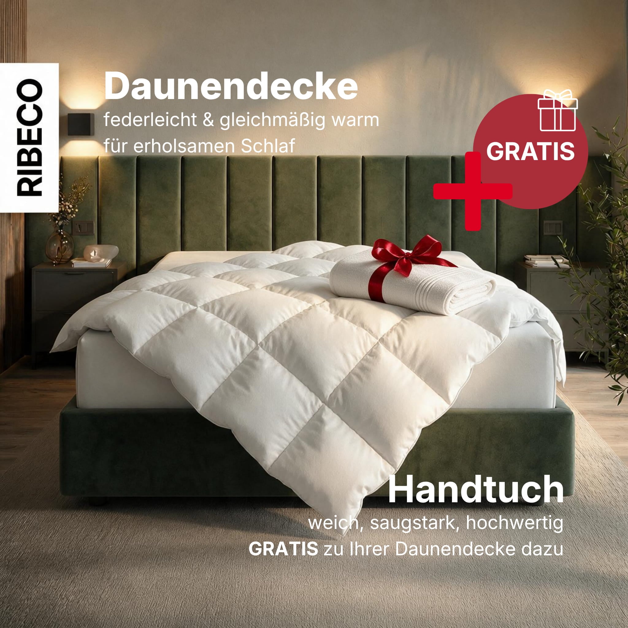 RIBECO Daunenbettdecke »Johanna, Bettdecke  Nur für kurze Zeit! GRATIS ein Handtuch dazu!« leicht Füllung 80Daunen20Federn 1 Stk. tlg. Topseller, Bettdecke in 135x200 cm & weitere Größen,  Made in Germany
