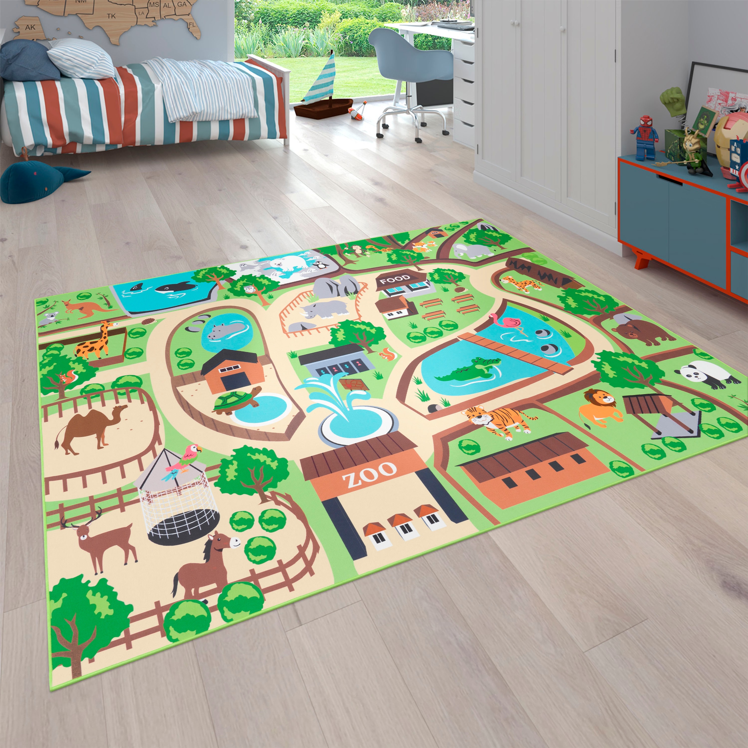 Paco Home Kinderteppich »Bino 563«, rechteckig, Kurzflor, Straßen-Spiel-Teppich, Motiv Zoo, Kinderzimmer