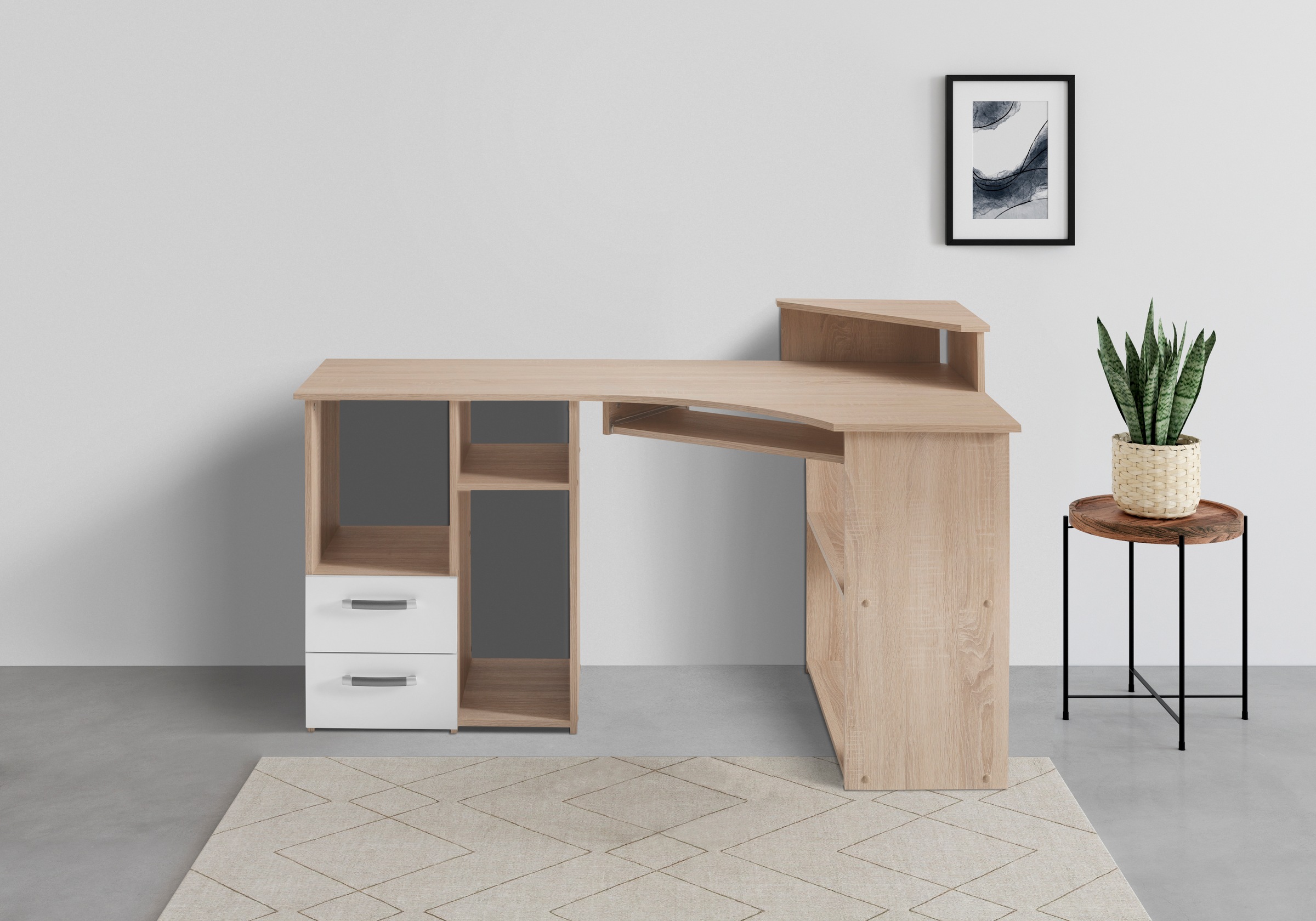 VOGL Möbelfabrik Schreibtisch »Sam«, Eckschreibtisch, Tastaturauszug, Monitoraufsatz & opt. Towerfach