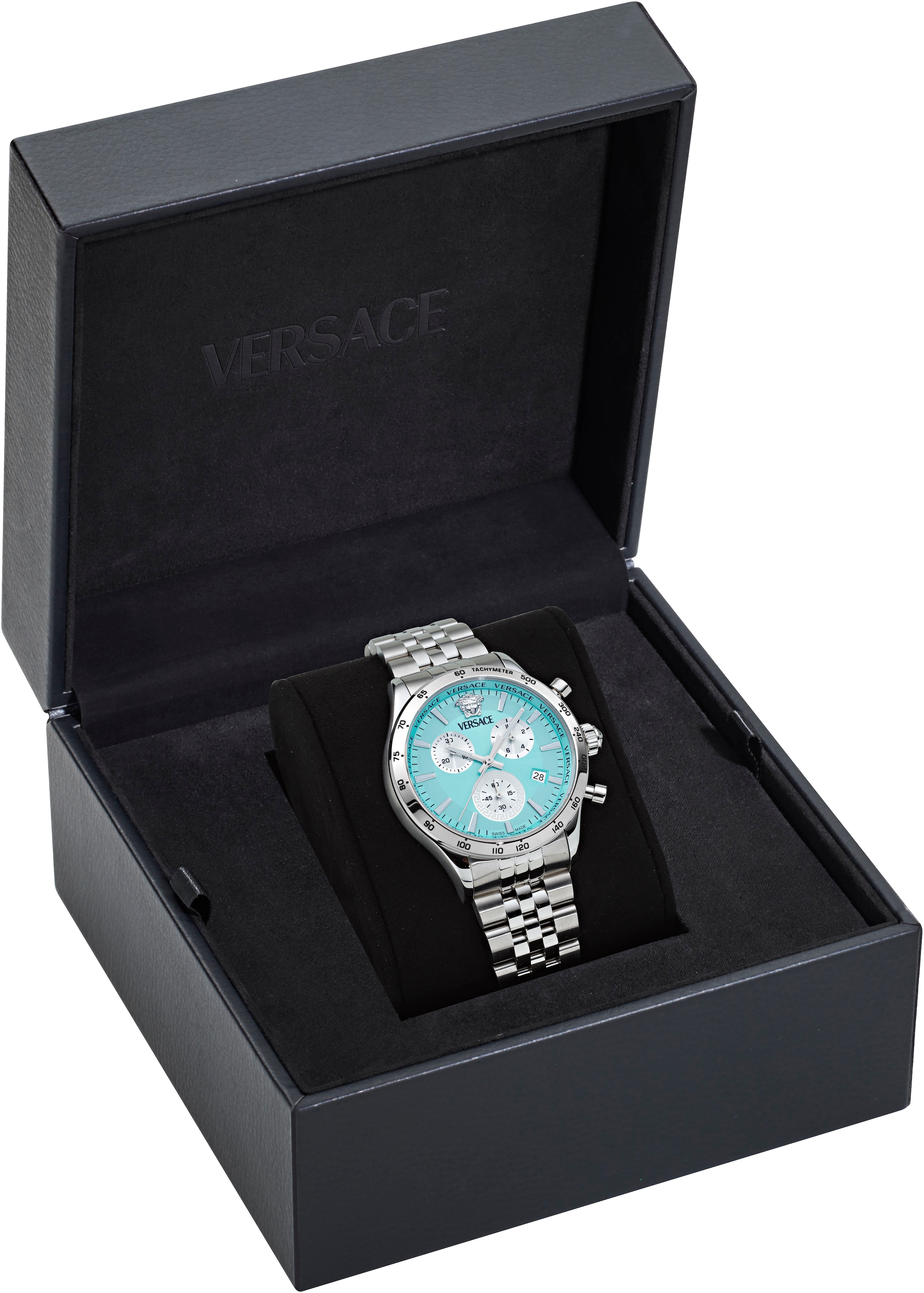 Versace Chronograph »HELLENYIUM CHRONO PETITE« Quarzuhr, Armbanduhr, Herrenuhr,Swiss Made,Edelstahlband,Stoppfunktion