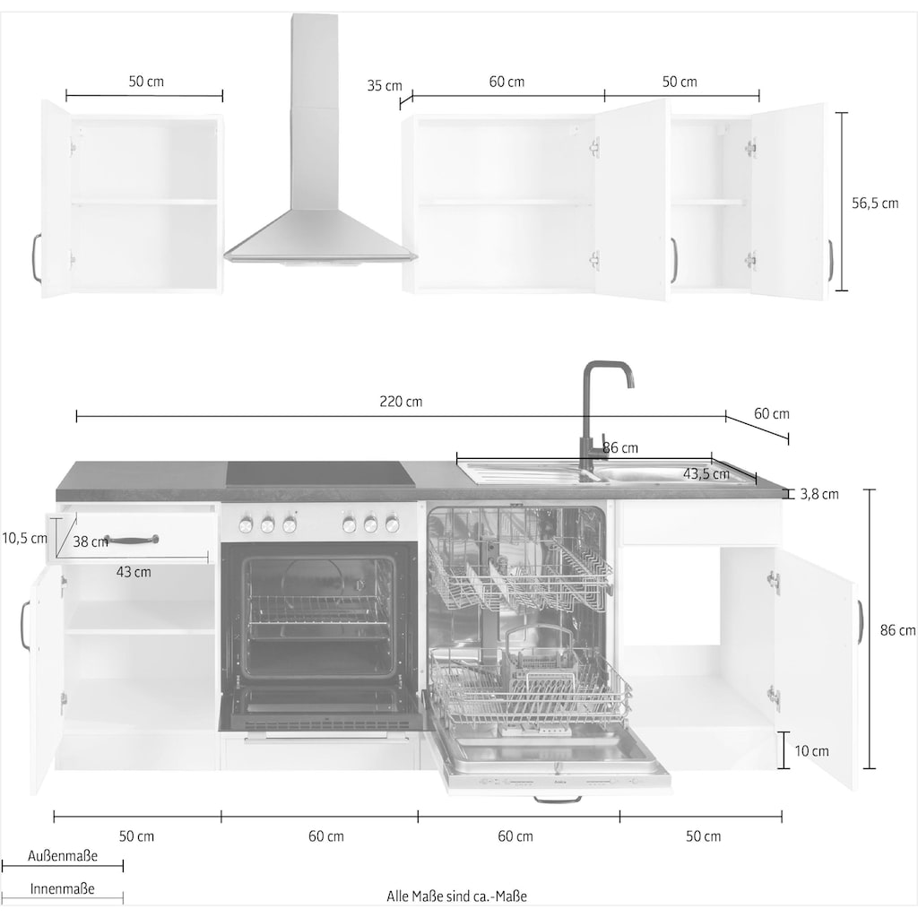 wiho Küchen Küchenzeile »Erla«, mit E-Geräten, Breite 220 cm