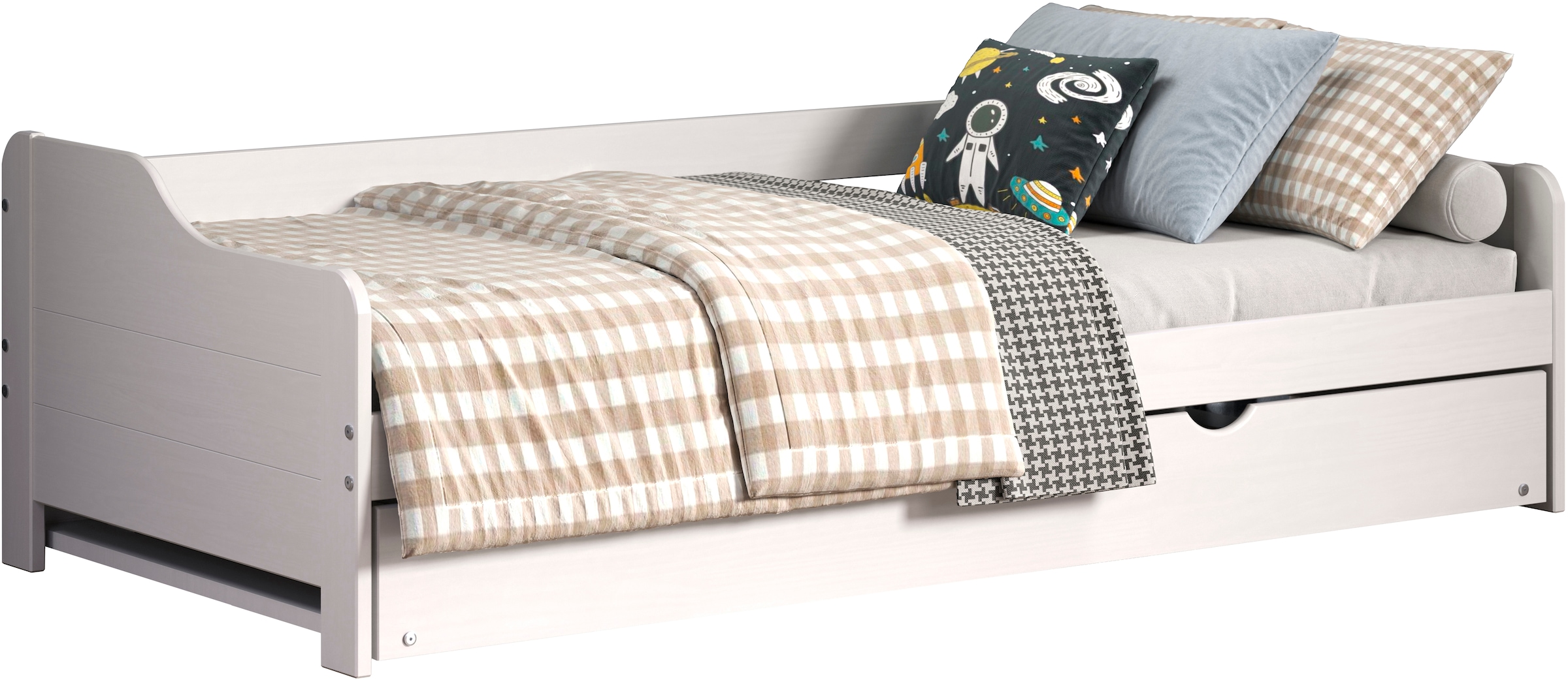 Home affaire Holzbett »Avesta Bett Ausziehbett Daybett Gästebett Funktionsbett«, (1 tlg.), Weißes Massivholz Bett mit Auszieh-Funktion - 90x200 cm Liegefläche