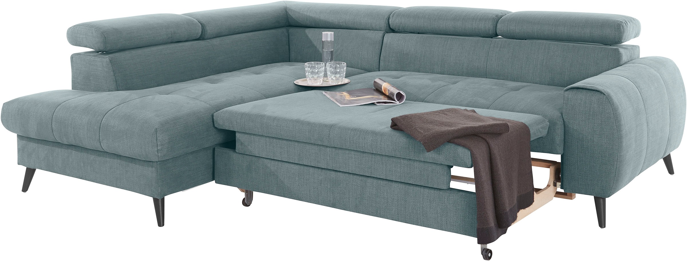 COTTA Ecksofa »Mia L-Form mit 3 Zierkissen«, wahlweise mit Bettfunktion, Bettkasten, Beleuchtung & Wireless-Charger