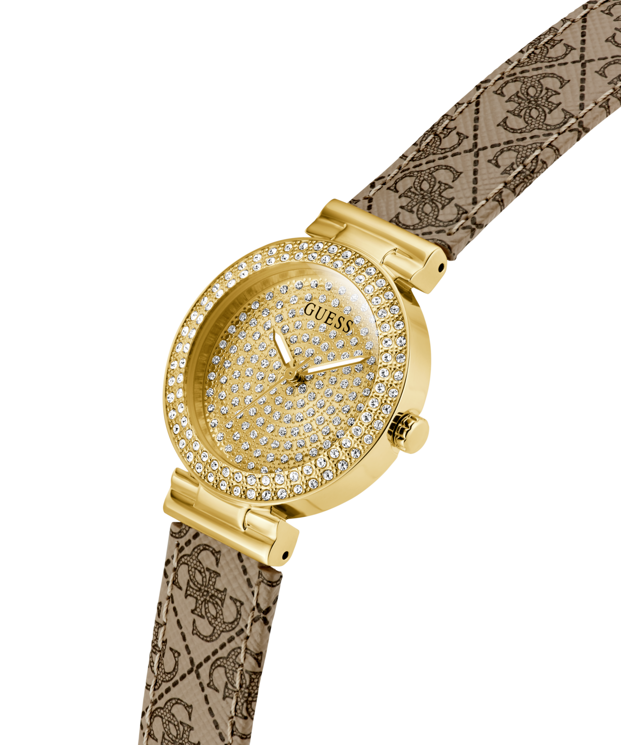 Guess Quarzuhr »IVY« Armbanduhr, Damenuhr, Lederarmband, Kristallsteine