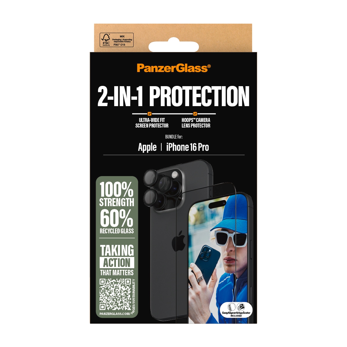 PanzerGlass Displayschutzglas »2-in-1 Protection, Glass, Lens Protector« für Apple iPhone 16 Pro Displayschutzfolie, Schutzfolie, Bildschirmschutz, kratz- & stoßfest