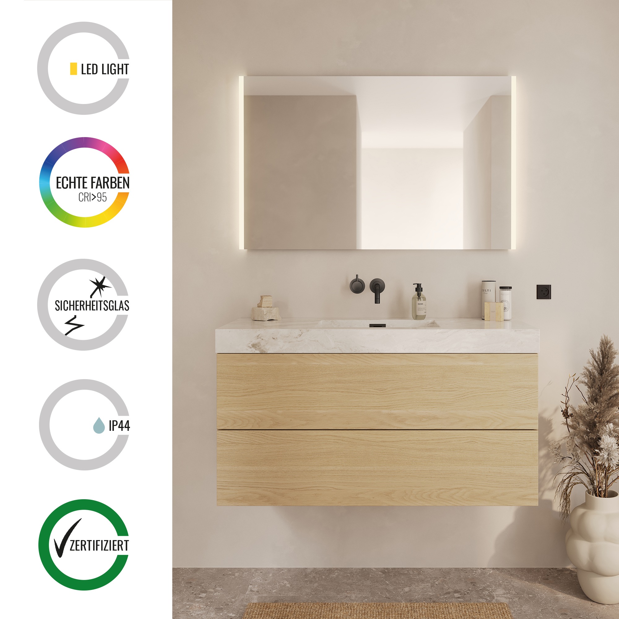 Loevschall Badspiegel »Lago, Spiegel Bundle inkl. Schminkspiegel, Badezimmerspiegel«, x5 Kosmetikspiegel, LED Beleuchtung, Einstellbar, Dänisches Design