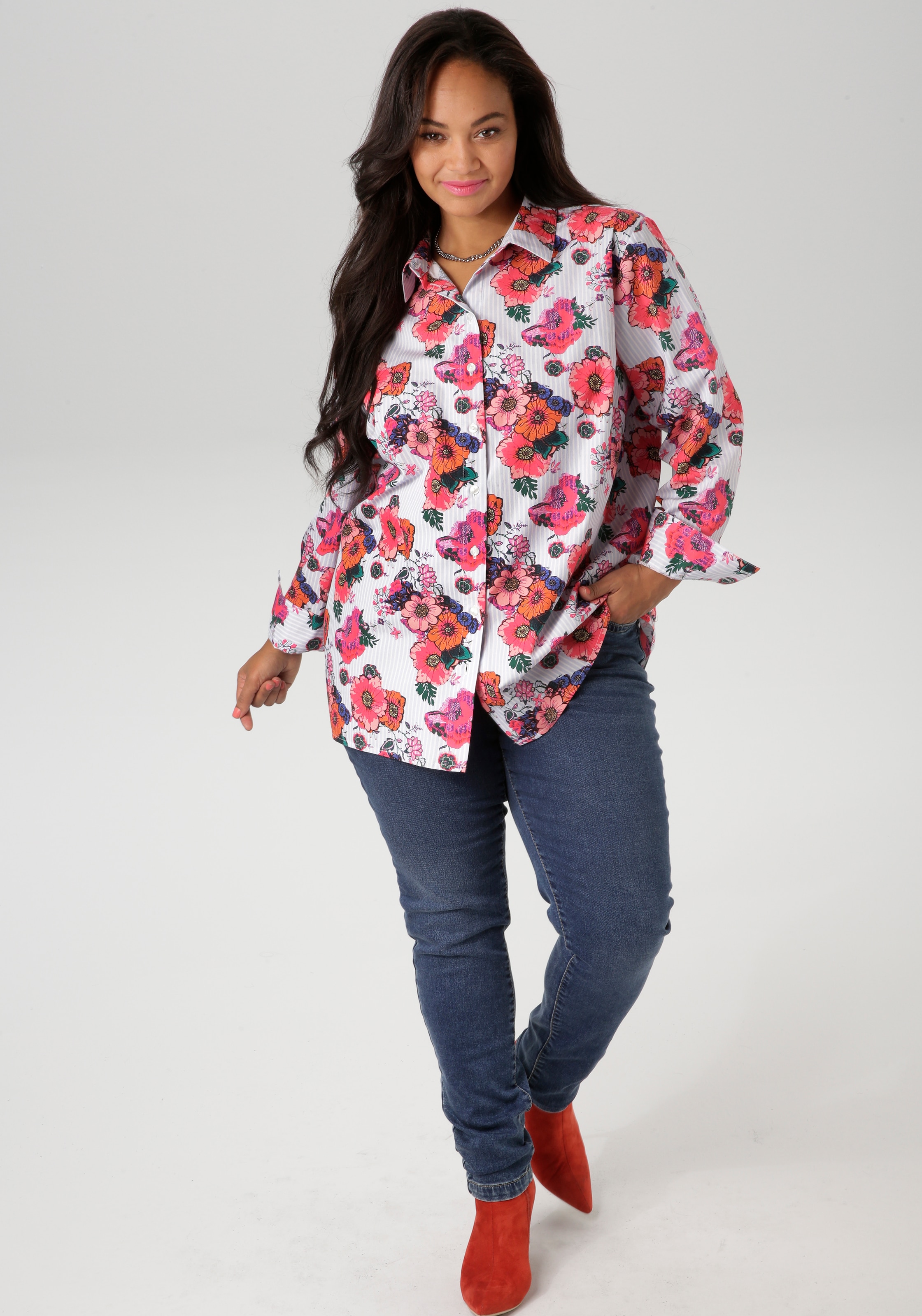 Aniston PLUS Hemdbluse, mit trendigem Blumedruck - NEUE KOLLEKTION
