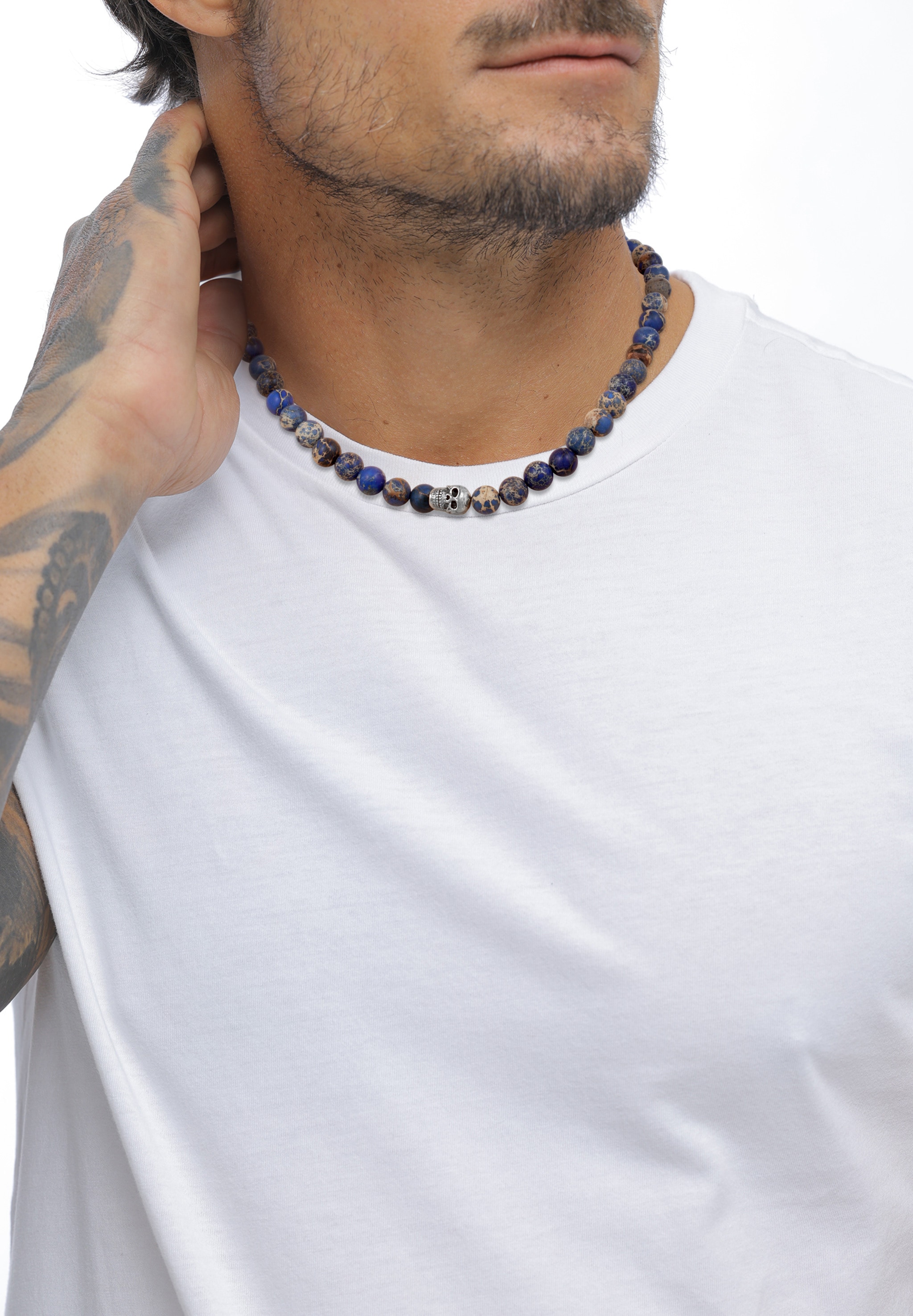 Kuzzoi Silberkette »Halskette Steinkette Totenkopf Achat Blau 925 Sterling Silber«