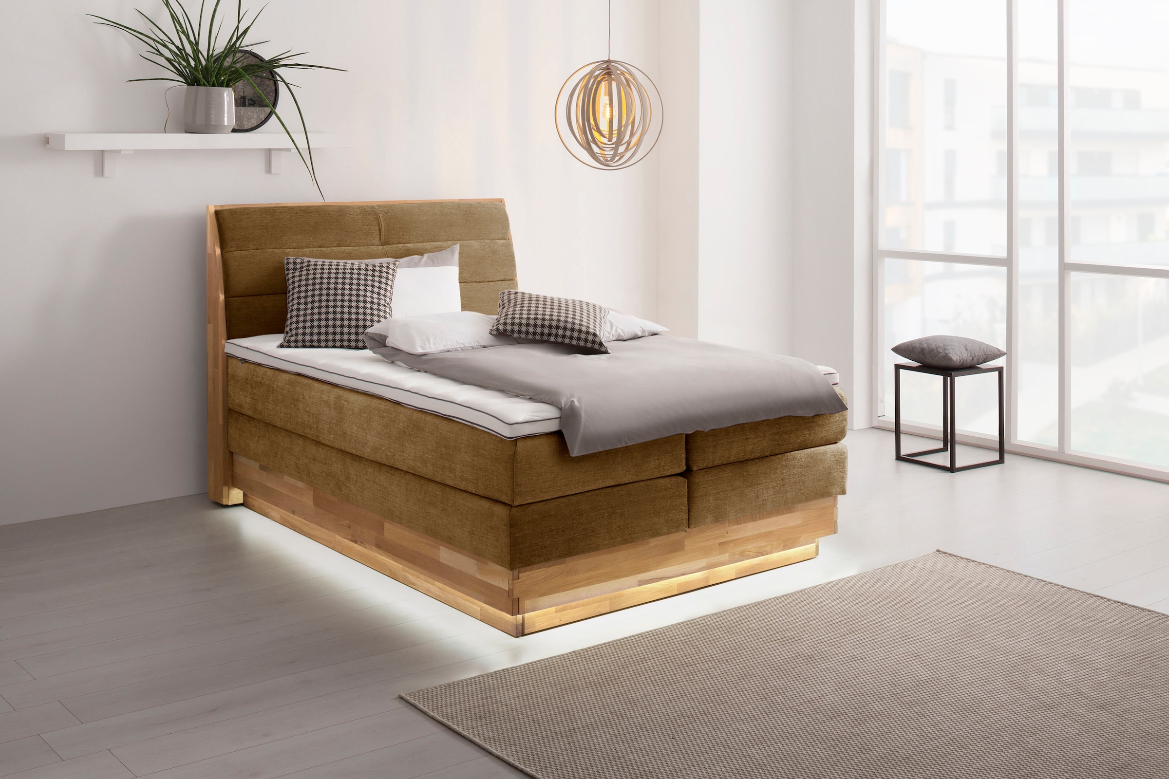 OTTO products Boxspringbett »JENNA in verschiedenen Farben und Breiten erhältlich« LED-Beleuchtung, mit zertifizierten, recycelten Bezugsstoffen