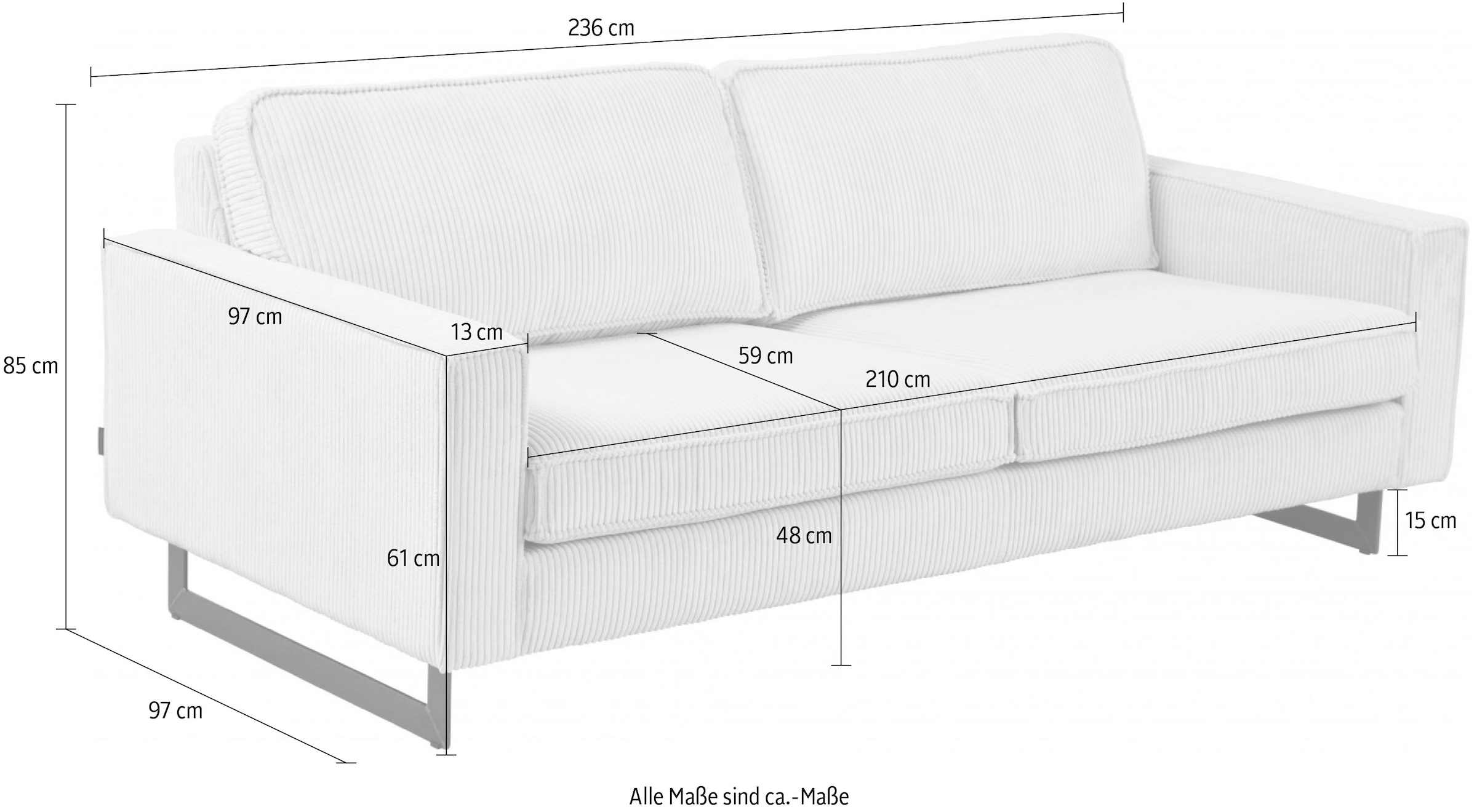 Places of Style 3-Sitzer »Pinto, 206 cm, Cord, Chenille, Lederoptik«, mit Keder, schwarze Metallfüße, Wellenunterfederung