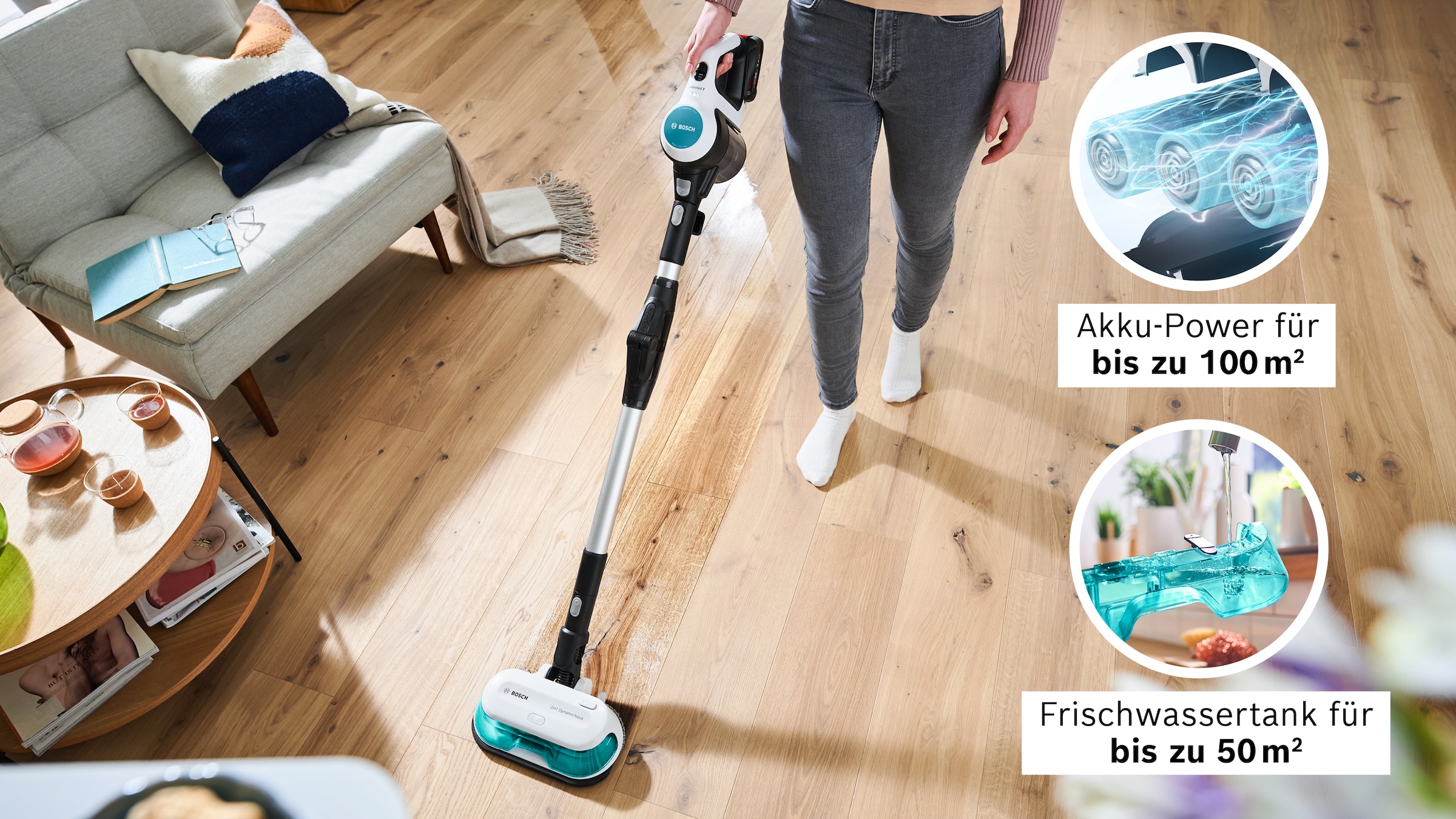 BOSCH Akku-Stielstaubsauger »Unlimited 7 ProHygienic Aqua BKS71HYG4, 2in1 Saugen & Wischen« Knickrohr, Hygiene-Filter, 10 J. Motorgarantie, Mini-Turbo-Düse, weiß