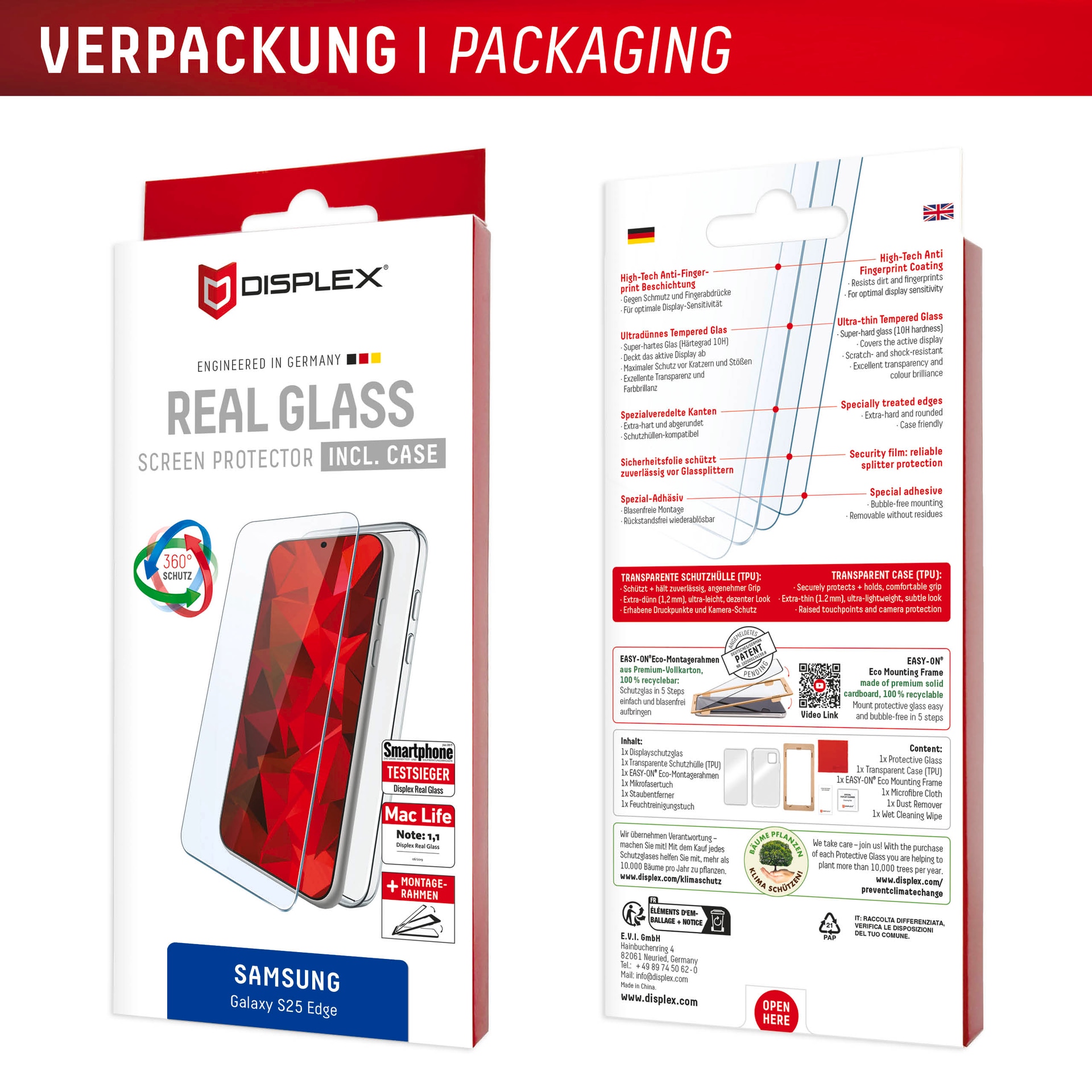 Displex Displayschutzglas »Real Glass Screen Protector inkl. Case«, für Samsung Galaxy S25 Edge, Displayschutzfolie, Schutzfolie, Bildschirmschutz, kratz- & stoßfest