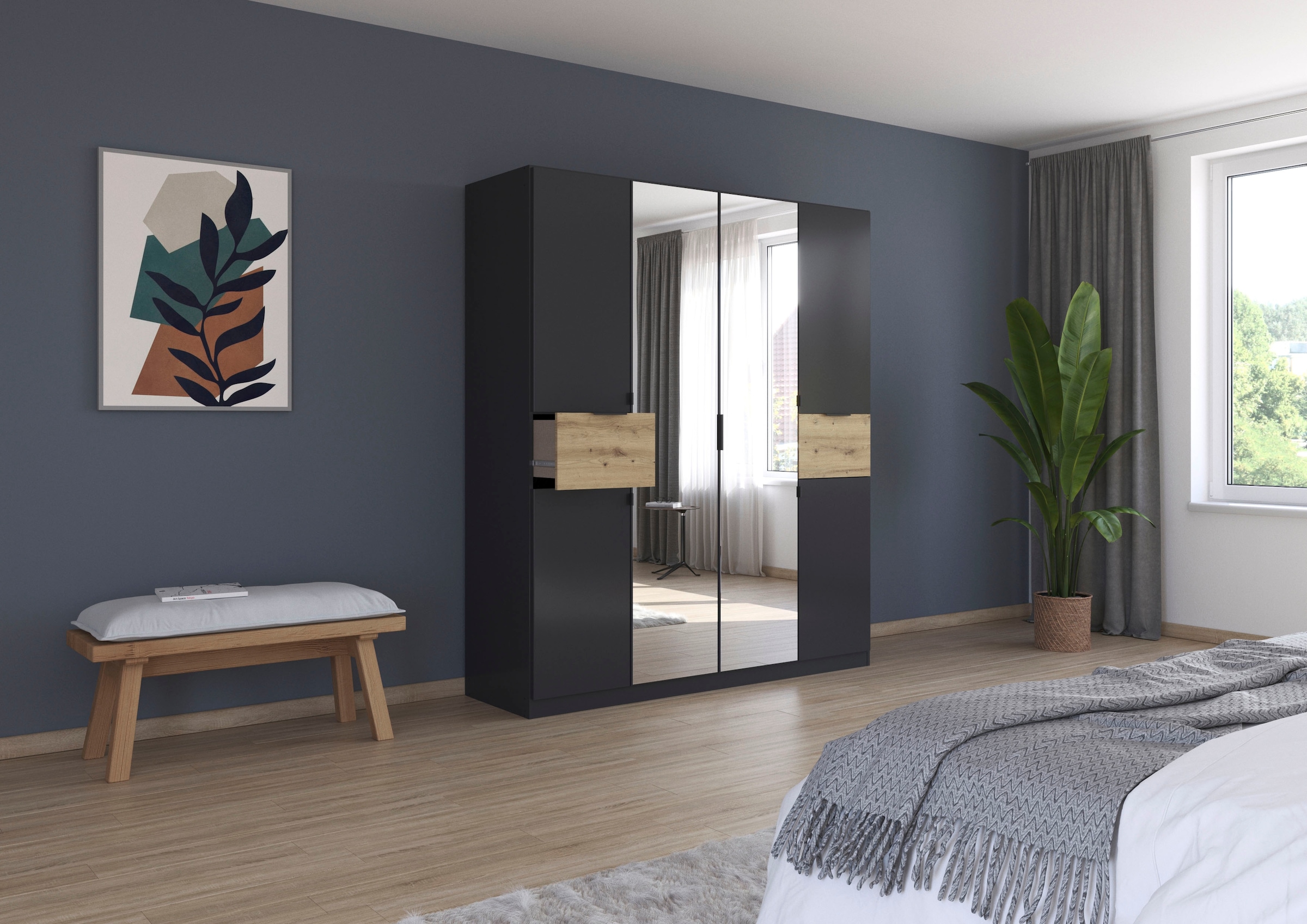 rauch Drehtürenschrank »Kleiderschrank Schrank Garderobe Wäscheschrank TICAO« Schubladen in der Höhe variabel positionierbar,  mit 2 geräumigen Schubladen, viel Stauraum MADE IN GERMANY