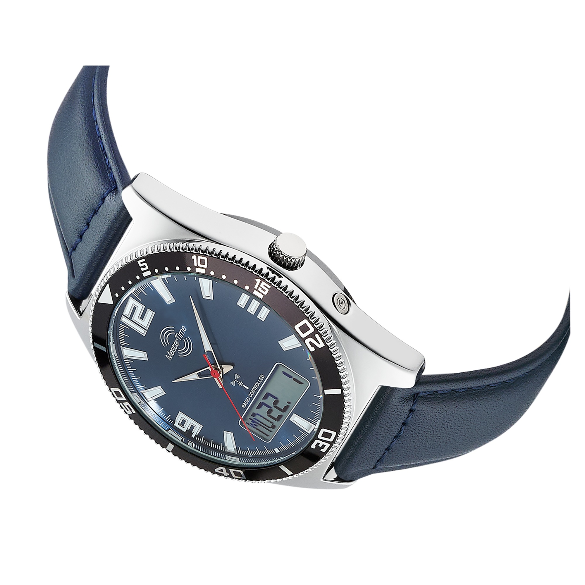 MASTER TIME Funkchronograph Quarzuhr, Armbanduhr, Herrenuhr, Lederarmband, analog, digital