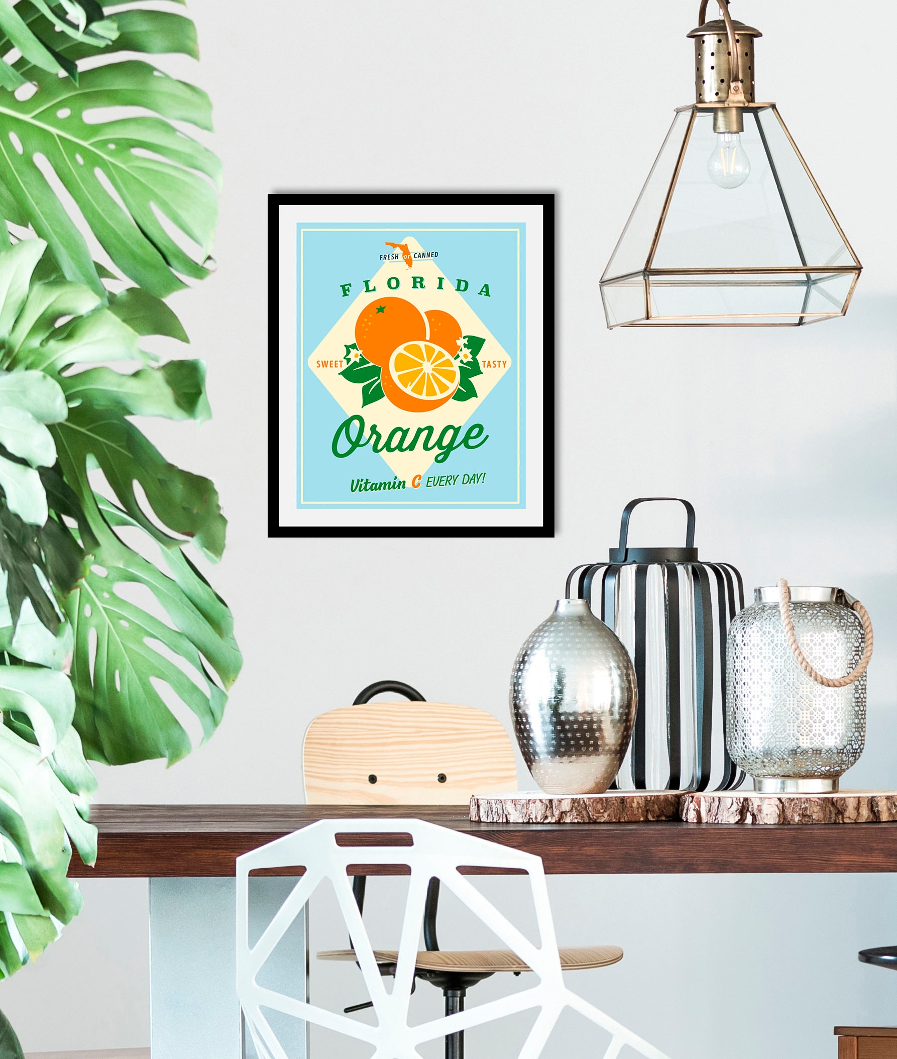 queence Bild »Florida Orange«, Obst-Obst Bilder-Essen-Lebensmittel-Kunst-Abstrakt-Schriftzug-Figuren, (1 St.), HD Premium Poster-Druck inkl. Holzrahmen