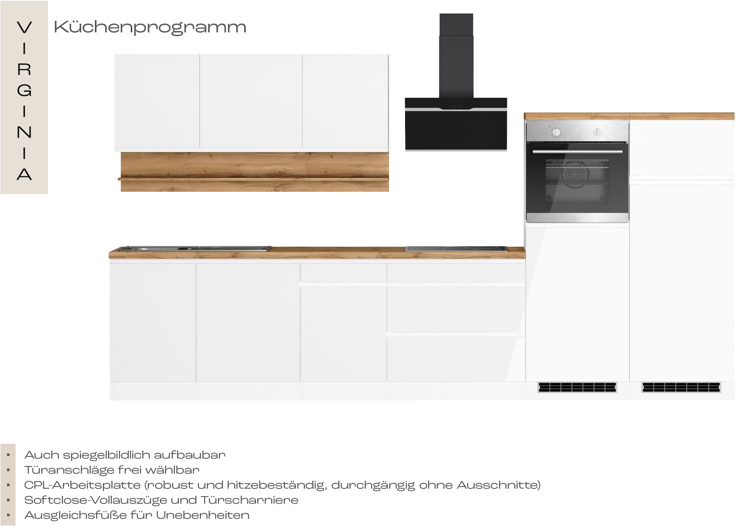 KOCHSTATION Küchenzeile »KS-Virginia,neu in verbesserter Ausführung« Arbeitsplatte 38 mm stark, Stauraum, Softclose,  Breite 360 cm, Softclose, wahlweise mit E-Geräten und Induktion