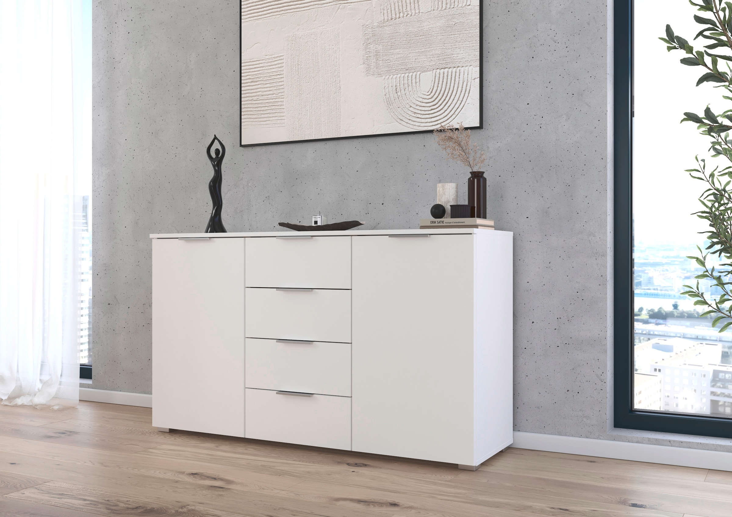 rauch Kombikommode »Sideboard Schubladenkommode AGORDO mit Dekor- oder Hochglanzfront«, (in zwei Griff-Farben), mit 4 Schubkästen und 2 Türen sowie Metallgriffen MADE IN GERMANY