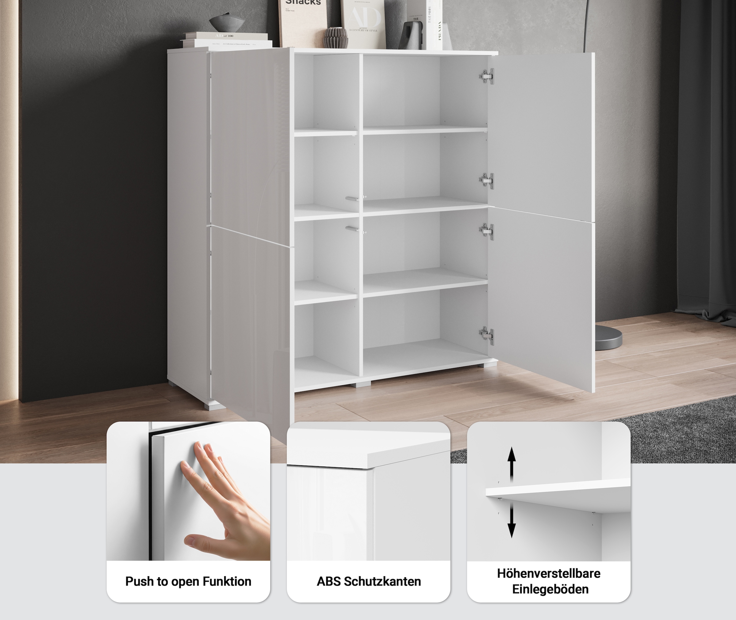 INOSIGN Highboard »Kenia, moderne grifflose Hochkommode mit 4 Türen, Breite 120 cm«, (1 St.), Push-to-Open-Fronten, höhenverstellbaren Einlegeböden