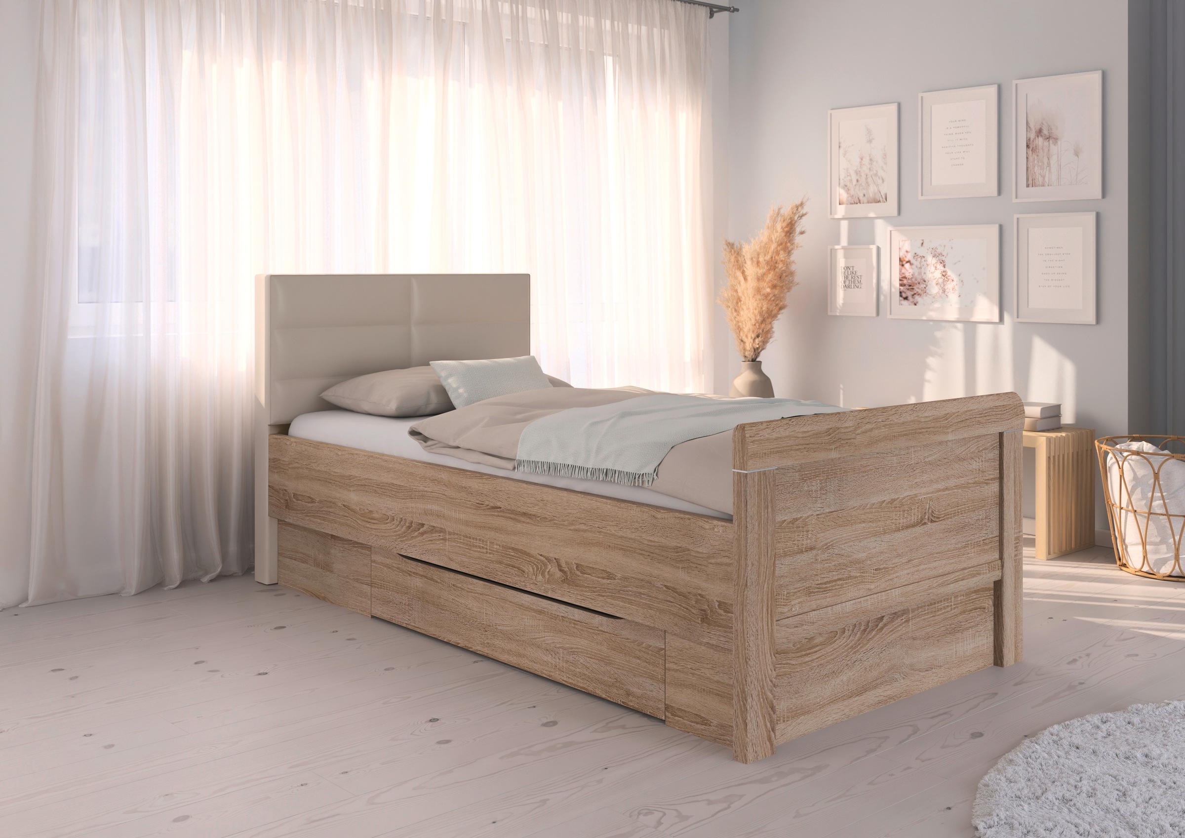 rauch Stauraumbett »Bett Einzelbett Stollenbett Bettkästen EVELYN«, in Komforthöhe mit Polsterkopfteil sowie Schubladen MADE IN GERMANY