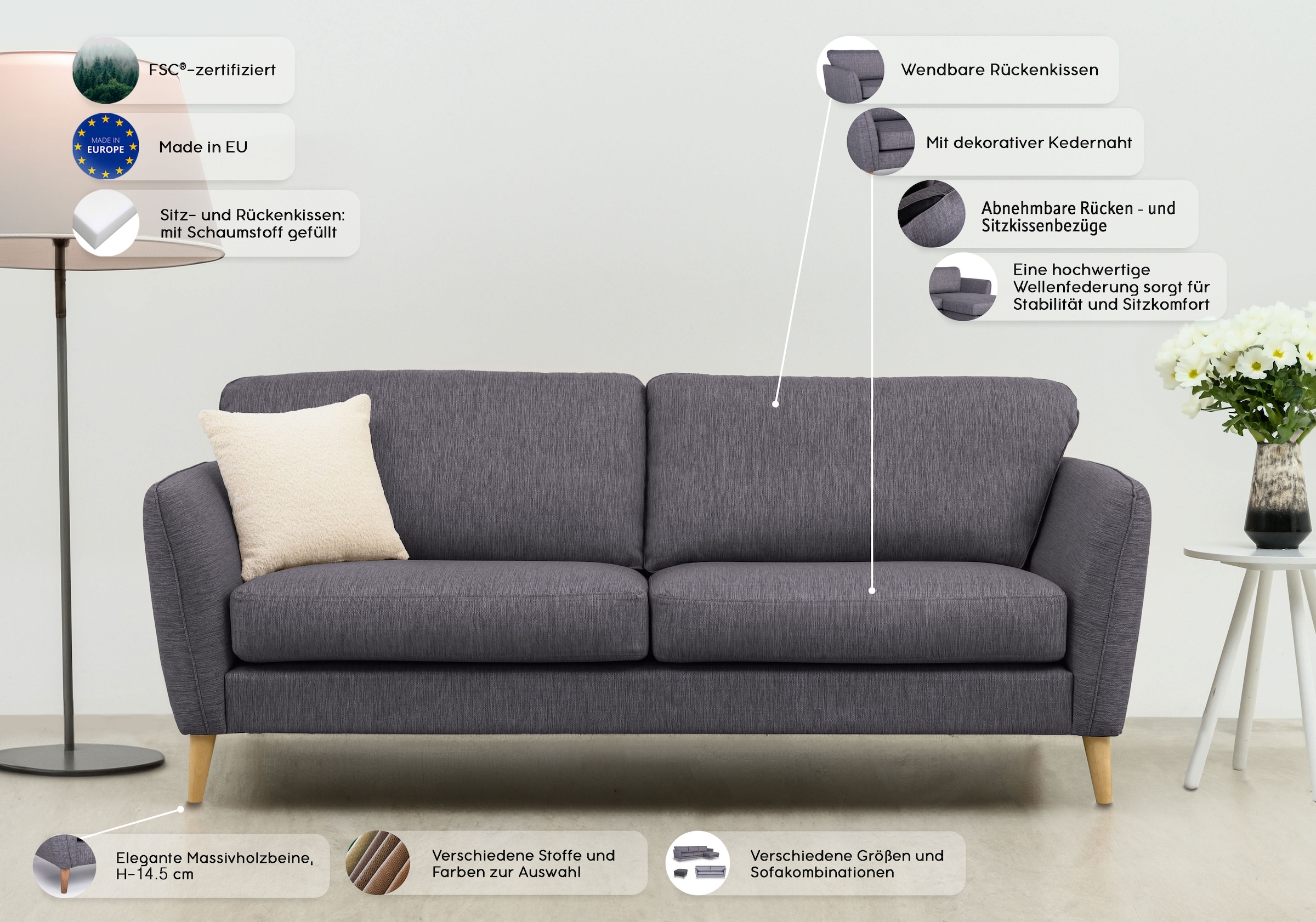 Home affaire 3-Sitzer »MARSEILLE Sofa 206 cm«, mit Massivholzbeinen aus Eiche, verschiedene Bezüge und Farbvarianten