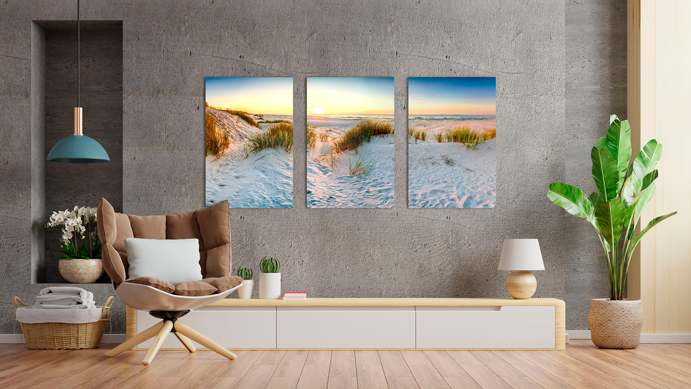 queence Acrylglasbild »Sunset Beach 3-teilig«, Strand-Meer-Meer Bilder-Himmel-Gräser-Düne-Spa-Spa Bilder, (1 St.), Fine Art-Print in Galeriequalität