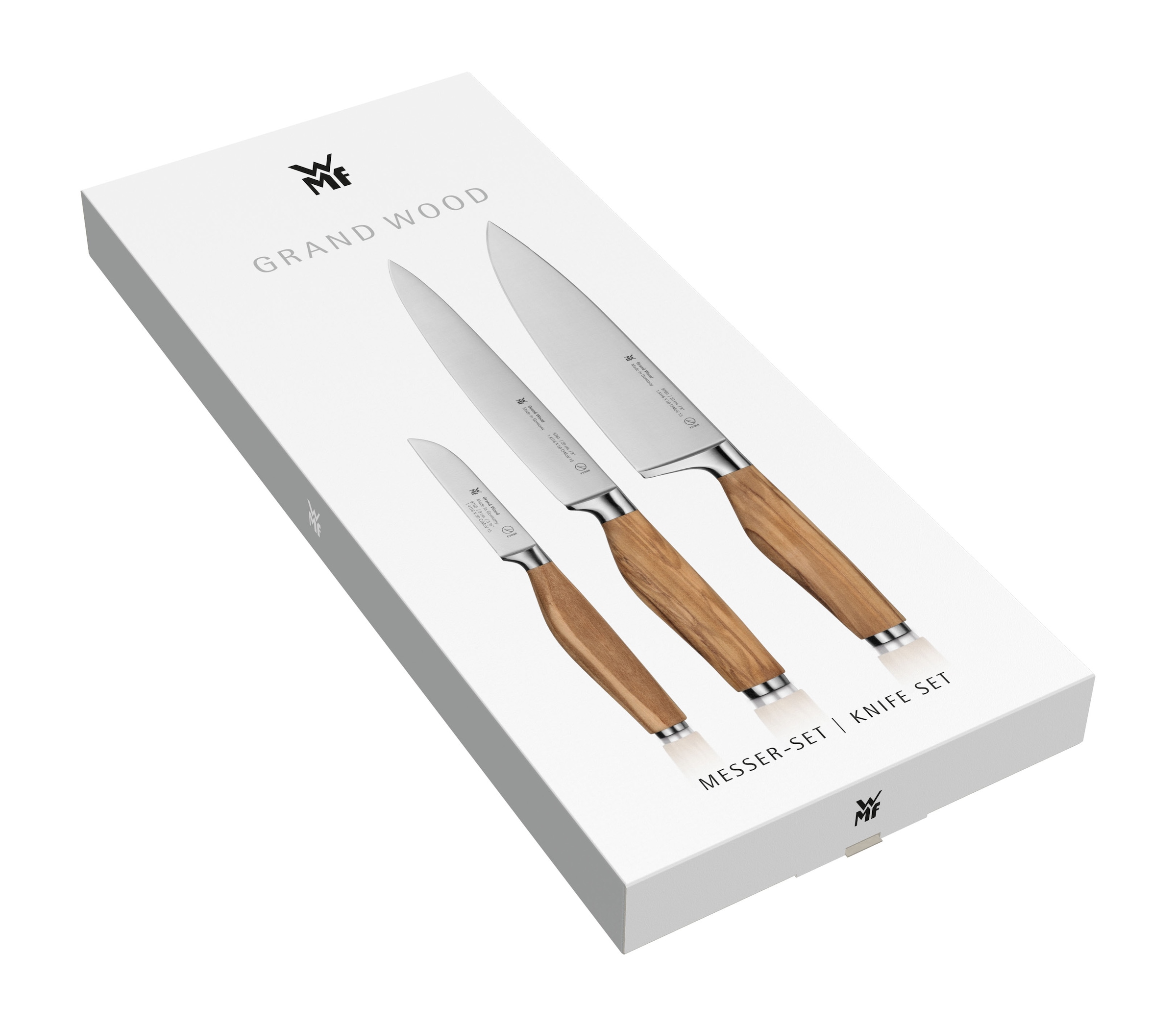 WMF Messer-Set »Grand Wood«, (Set, 3 tlg., 1x Kochmesser-1x Fleischmesser-1x Gemüsemesser), 3-teilig, Olivenholzgriffe, Spezialklingenstahl, perfekt ausbalanciert