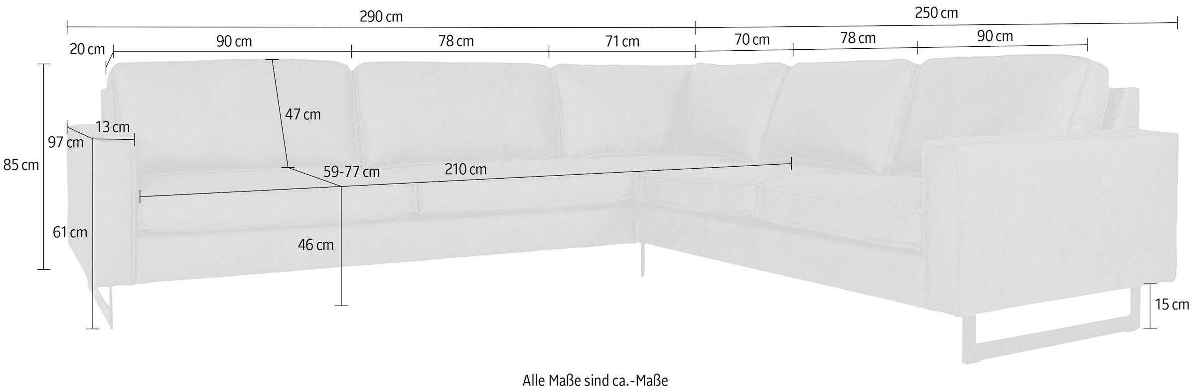 OTTO home Ecksofa »Pinto, XXL, 250/290 cm, langer Schenkel, Ottomane« Cord, Chenille, Lederoptik, mit Keder, Metallfüße, Wellenunterfederung