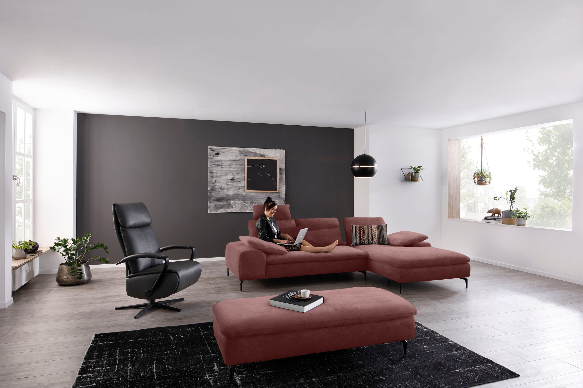 W.SCHILLIG Ecksofa »valentinoo, Designsofa, bequem, elegant und zeitlos, L-Form«, (Set), inklusive Hocker, mit Sitztiefenverstellung, Breite 299 cm