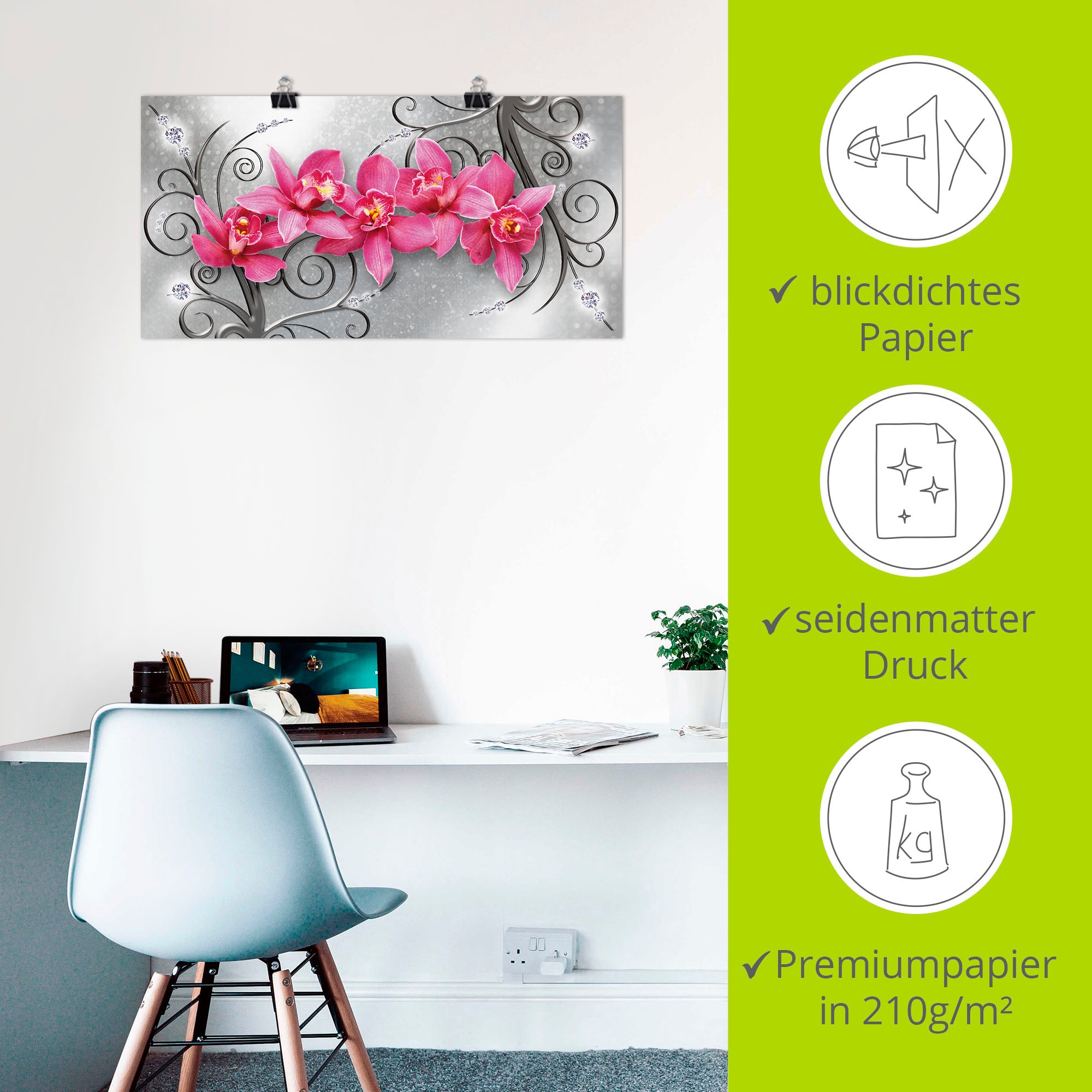 Artland Wandbild »rosa Orchideen auf Ornamenten«, Blumenbilder, (1 St.), als Alubild, Outdoorbild, Leinwandbild, Poster, Wandaufkleber