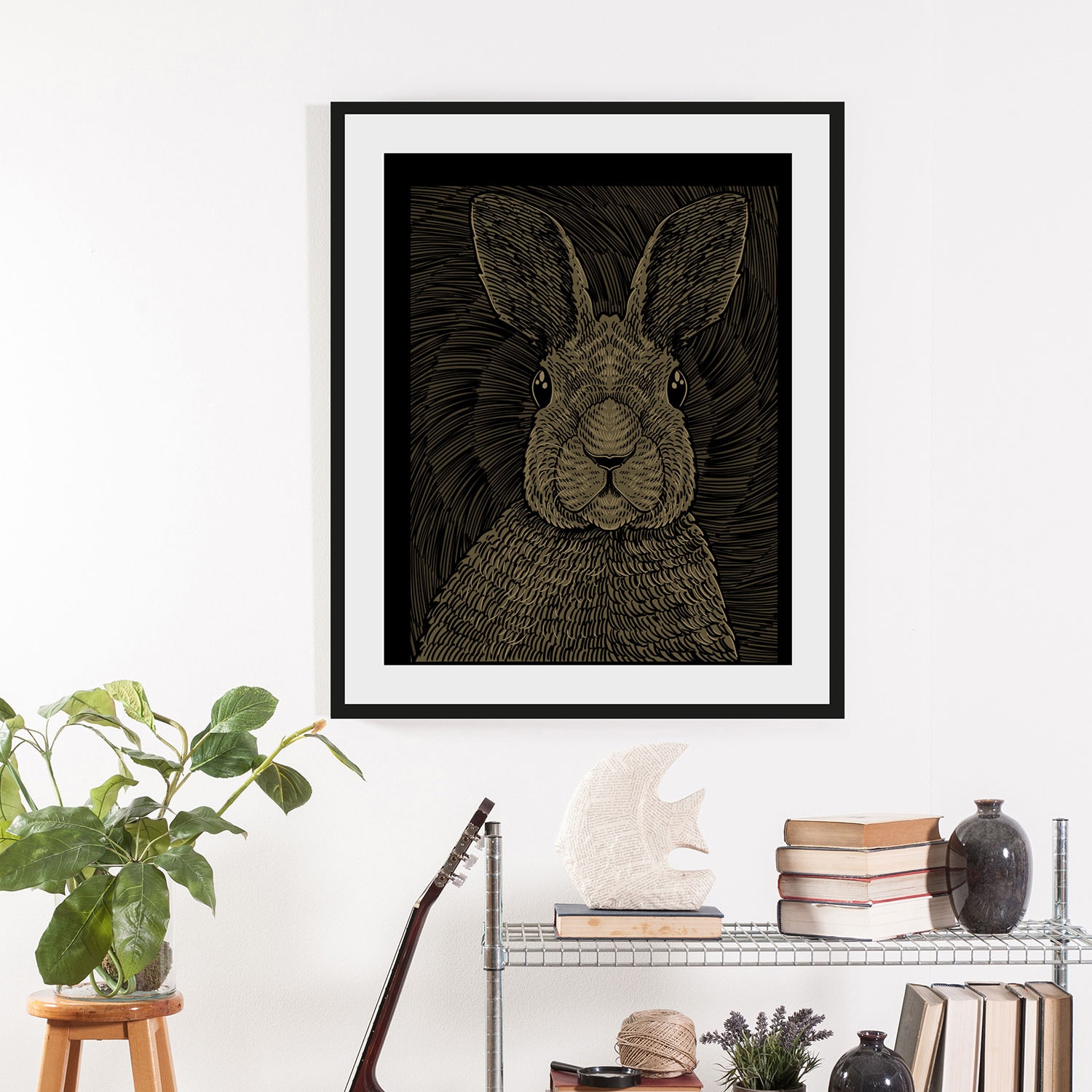queence Bild »Aladin«, Hase-Hasen-Haustiere-Kunst-Schwarz-Weiß, (1 St.), HD Premium Poster-Druck inkl. Holzrahmen