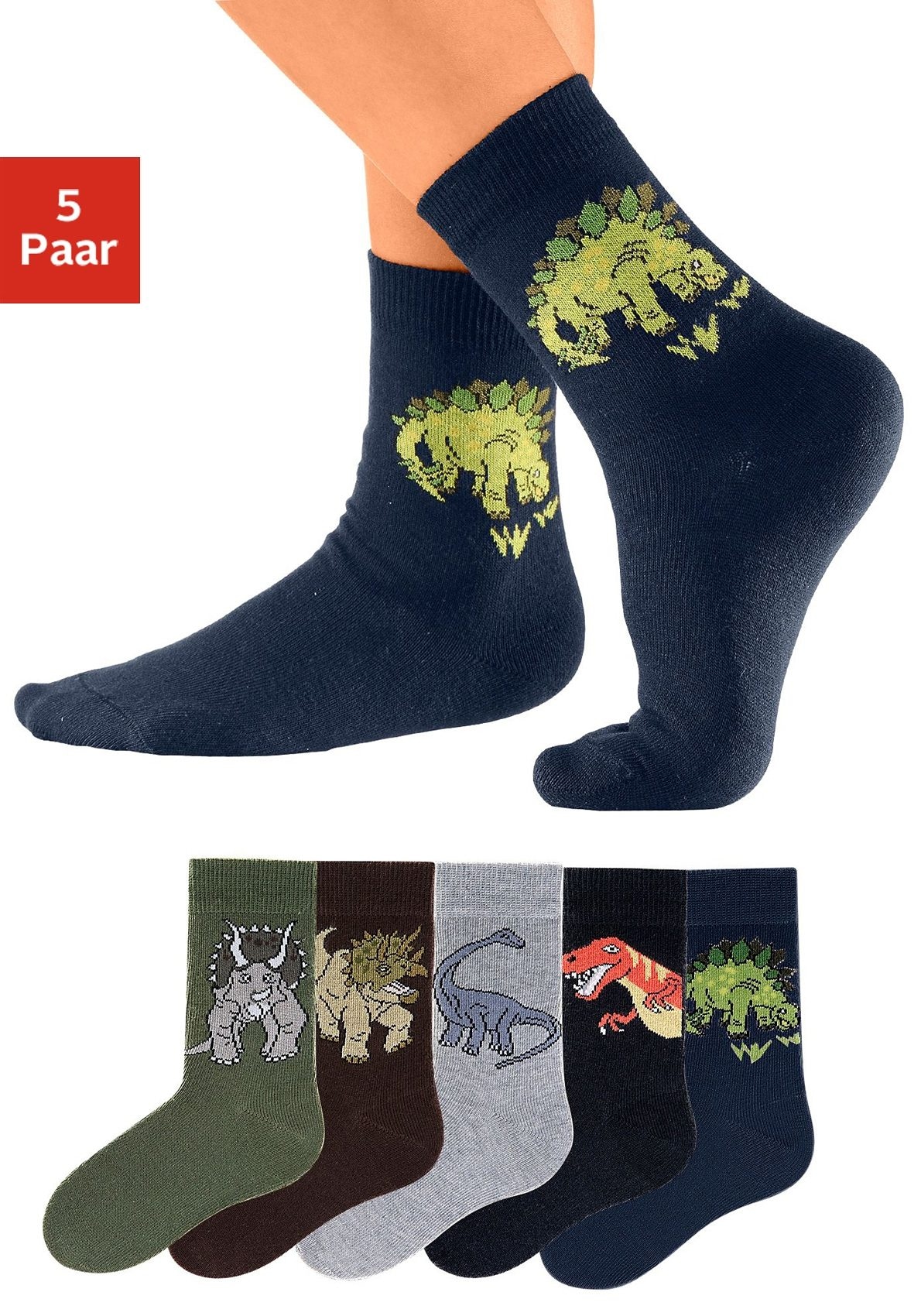 H.I.S Socken "Kindersocken Jugendliche Motivsocken" Packung, 5 Paar tlg. mit Dinosauriermotiven