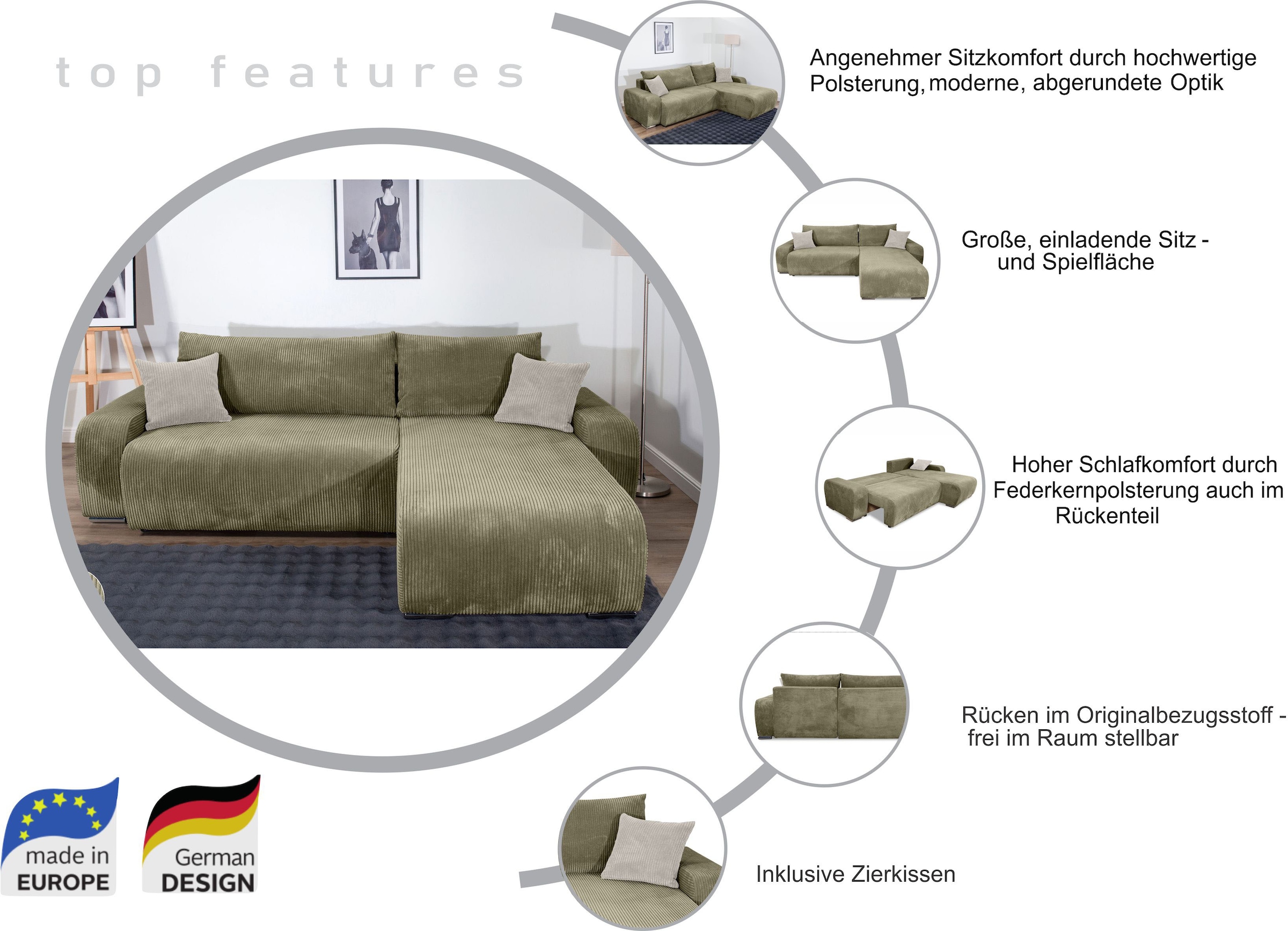COLLECTION AB Ecksofa »Pia, L-Form, Breite 237 cm,  mit Schlaffunktion«
