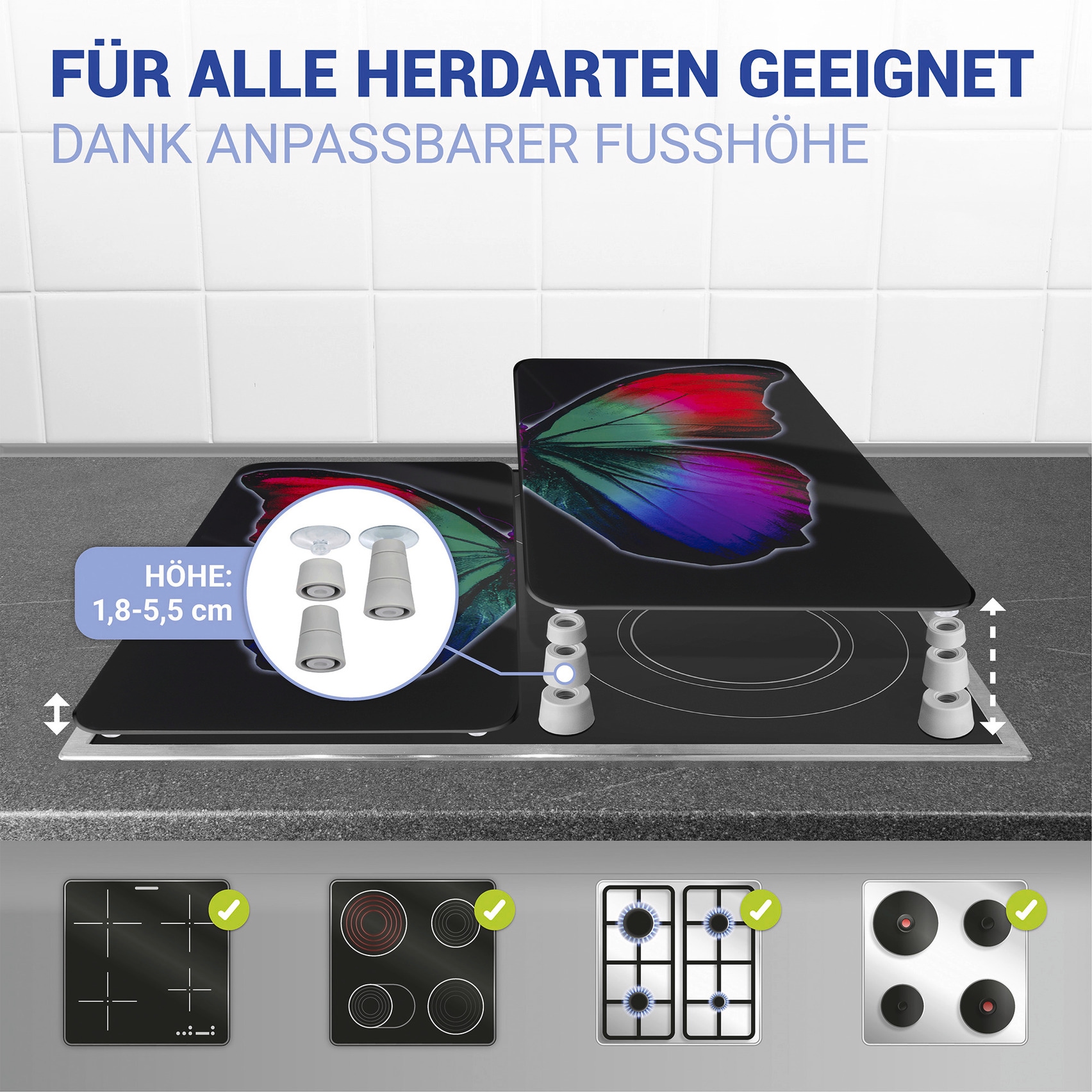 WENKO Herd-Abdeckplatte »Universal Modell Butterfly by Night«, (Set, 2 tlg.), Herdabdeckung für alle Herdarten, kratzfest, mit rutschfesten Füßen