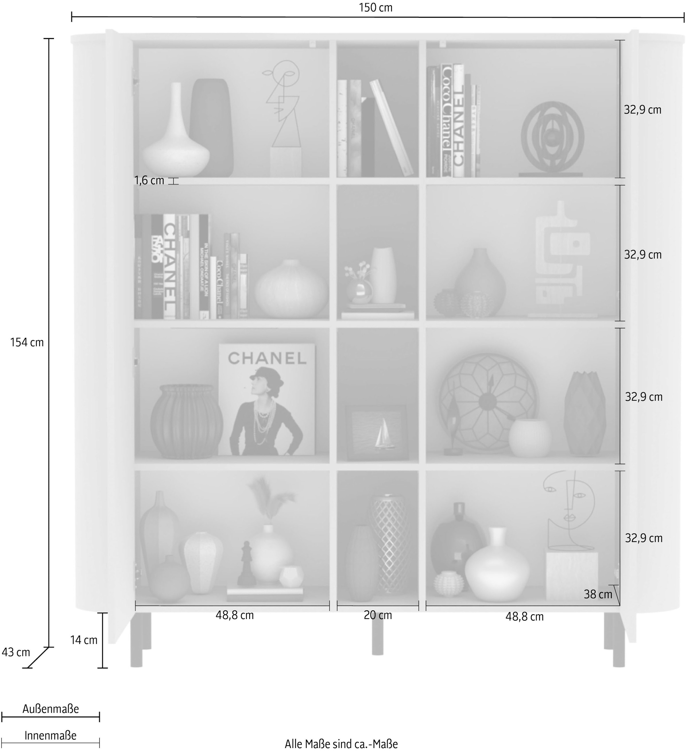 INOSIGN Highboard »Lido, B/H 150/154 cm, 2 Türen, 4 offene Fächer, Stauraumschrank« Formgebogenes MDF, Stirnseiten mit Rundung, Push-to-open, Metallfüße