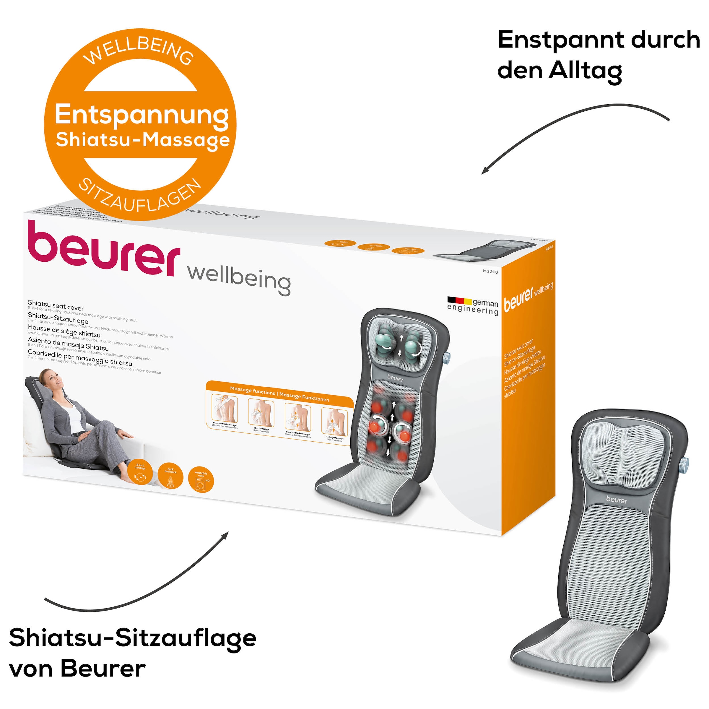 BEURER Shiatsu-Massagesitzauflage »MG 260 für wohltuende Massagen von Nacken und Rücken«, Mit Licht- und Wärmefunktion, 3 Massageprogramme, mit Timerfunktion