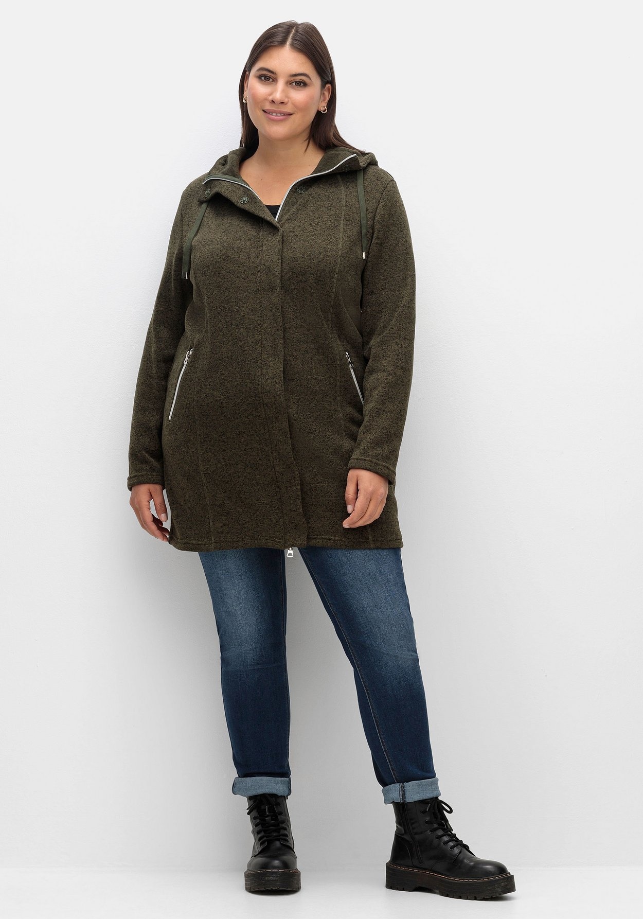 Sheego Sweatjacke »Fleecejacke mit Kapuze, in Melange-Optik«